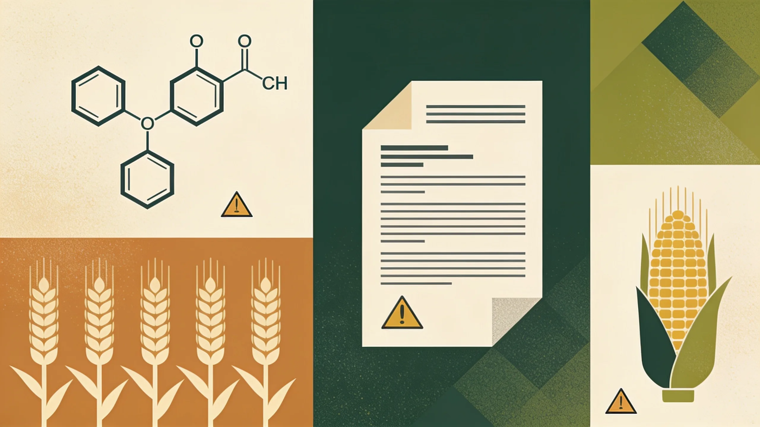 Abstract molecular structure illustration with regulatory document and crop silhouettes