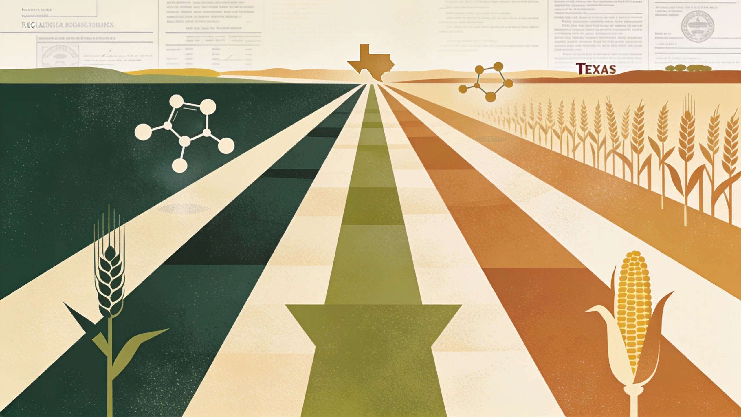 Geometric illustration of crop rows with molecular structures and agricultural fields in muted earth tones