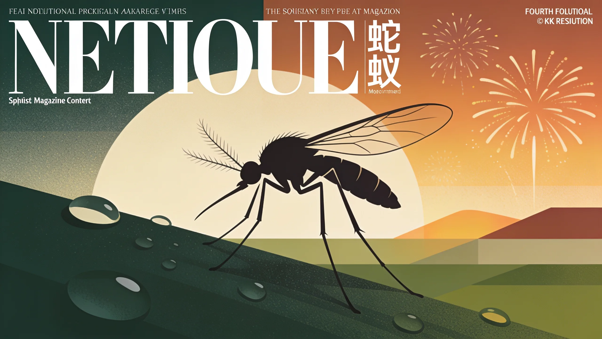 Abstract illustration of mosquito silhouette over evening landscape with geometric water droplets and warm amber lighting