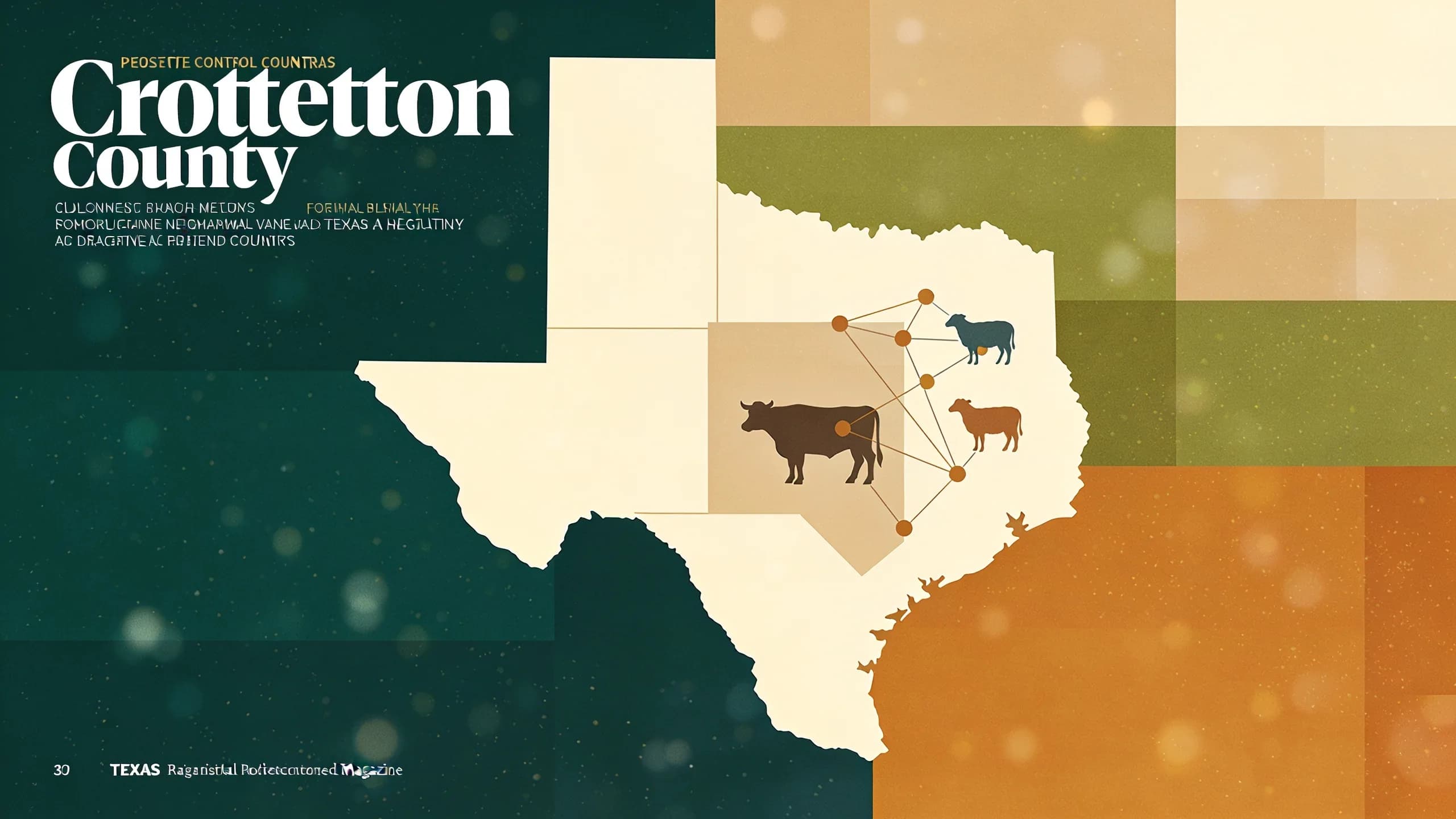 Abstract illustration of Texas county map with highlighted region and geometric livestock shapes in muted earth tones