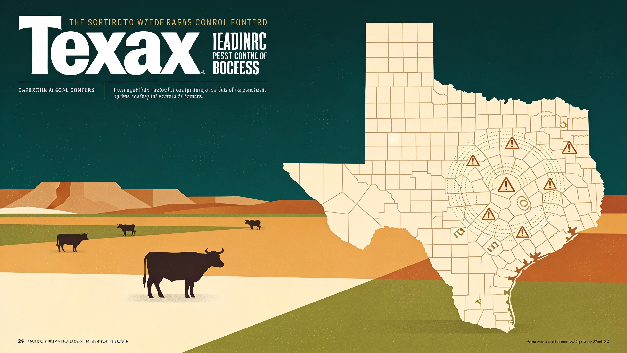 Abstract Texas landscape illustration showing geometric livestock silhouettes and alert patterns representing screwworm infestation spread