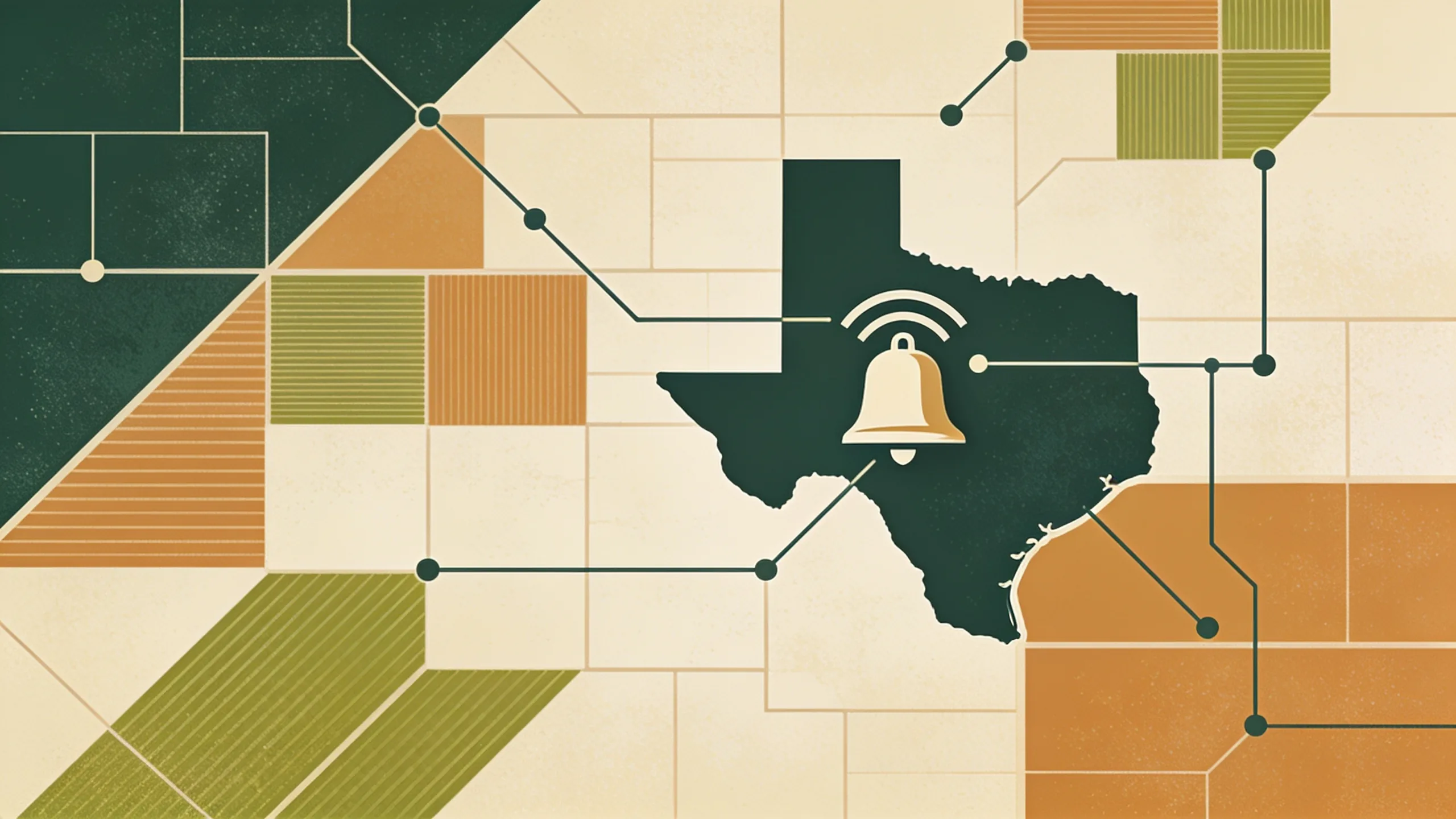 Abstract illustration of Texas state outline merged with notification bell and digital alert network connecting counties
