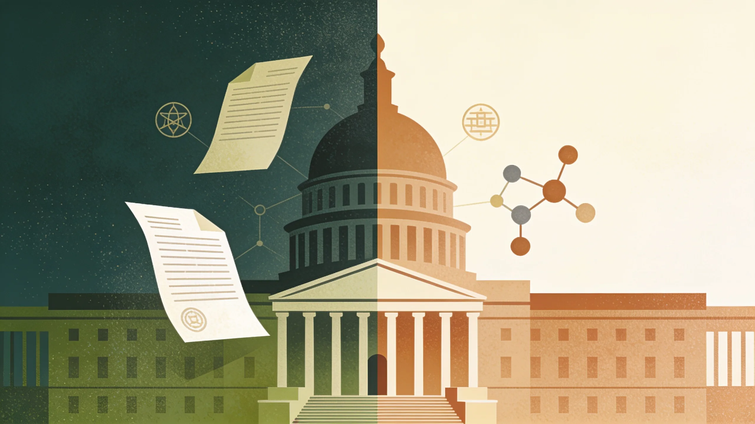Minimalist illustration of government building with document pages and molecular structures in muted green and tan palette