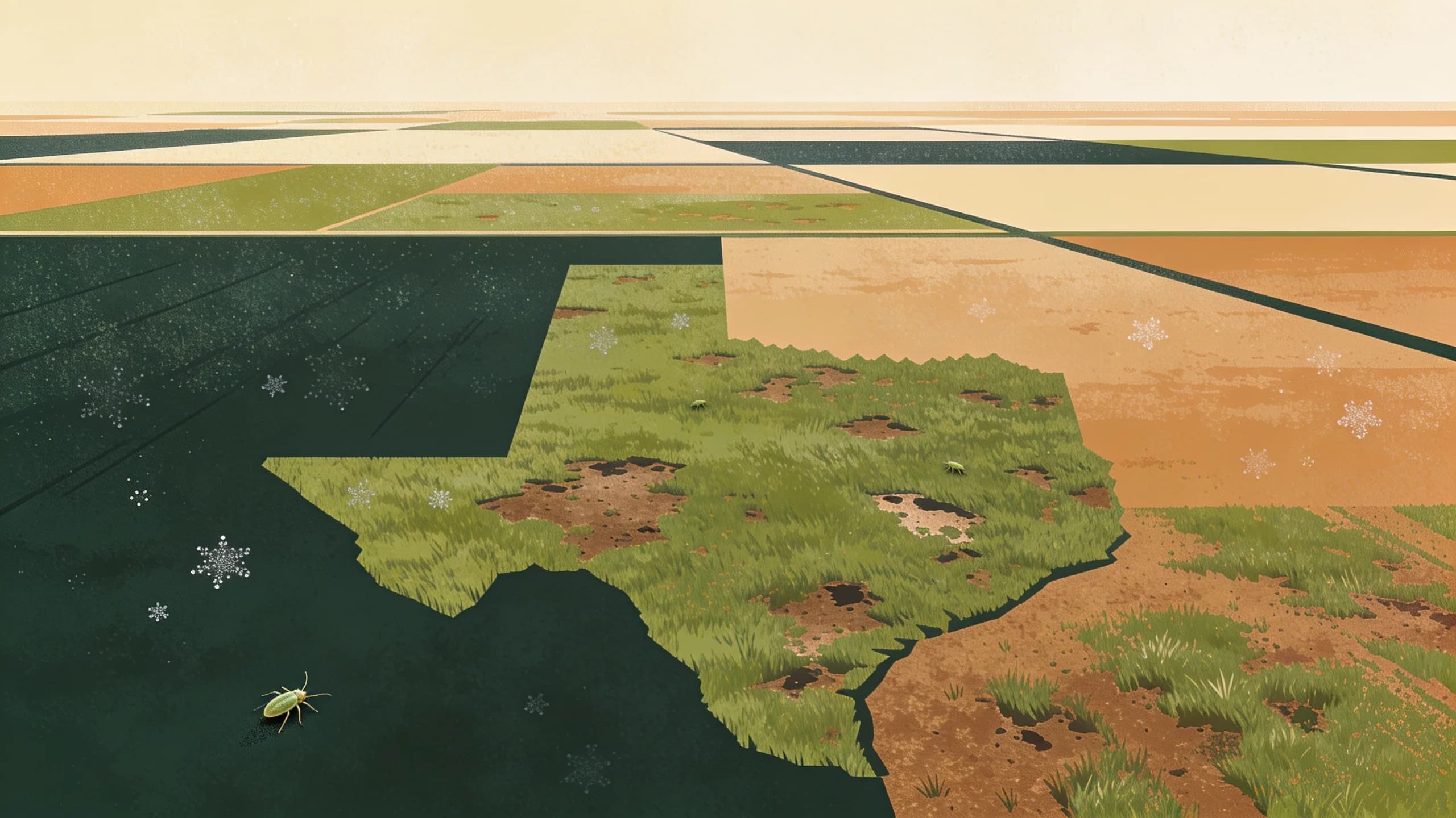 Aerial view of Texas pasture showing brown damaged grass from mealybug infestation next to green healthy forage