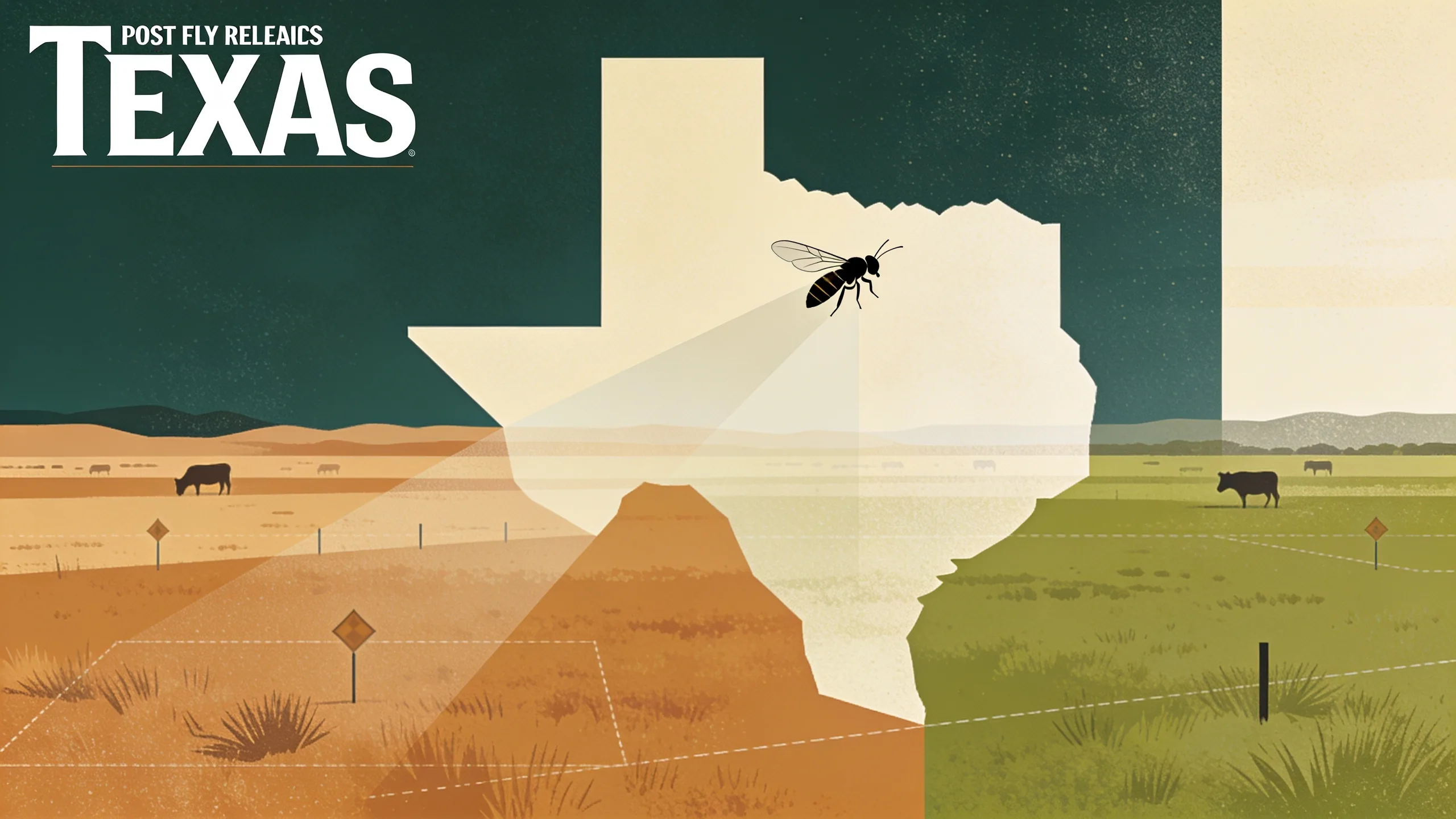 Abstract illustration of sterile fly release over Texas ranchland with quarantine zone markers