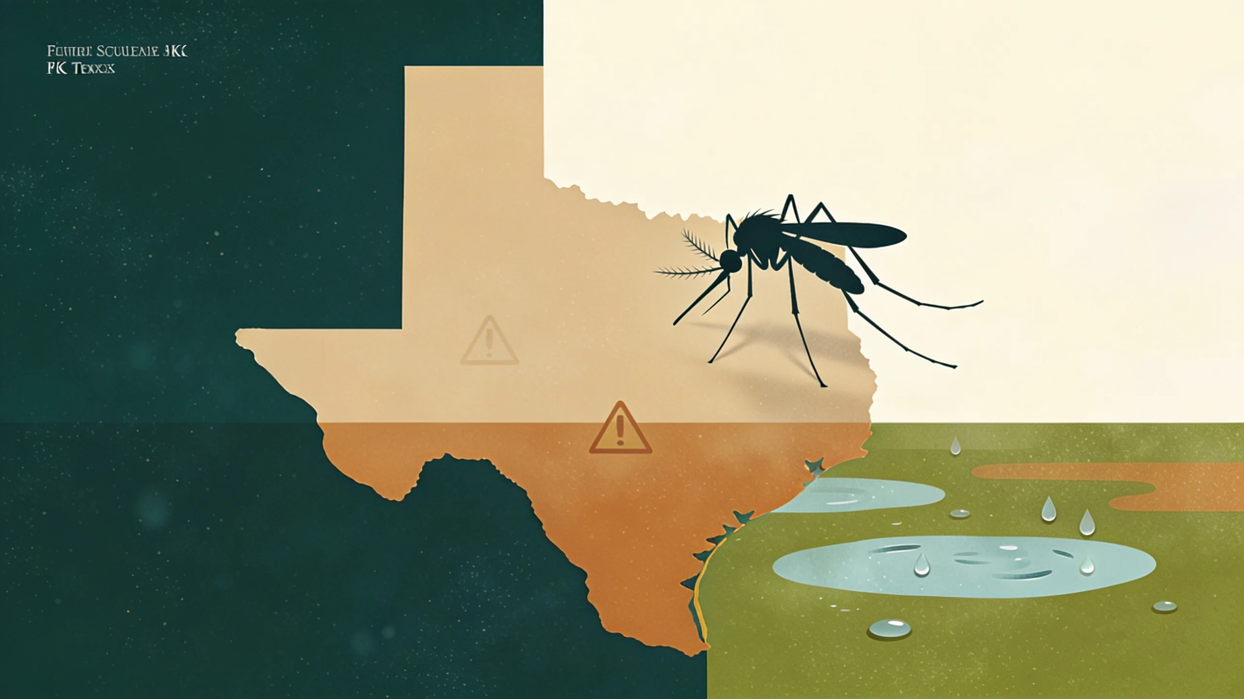 Abstract illustration of Culex mosquito silhouette over Texas landscape with warning indicators