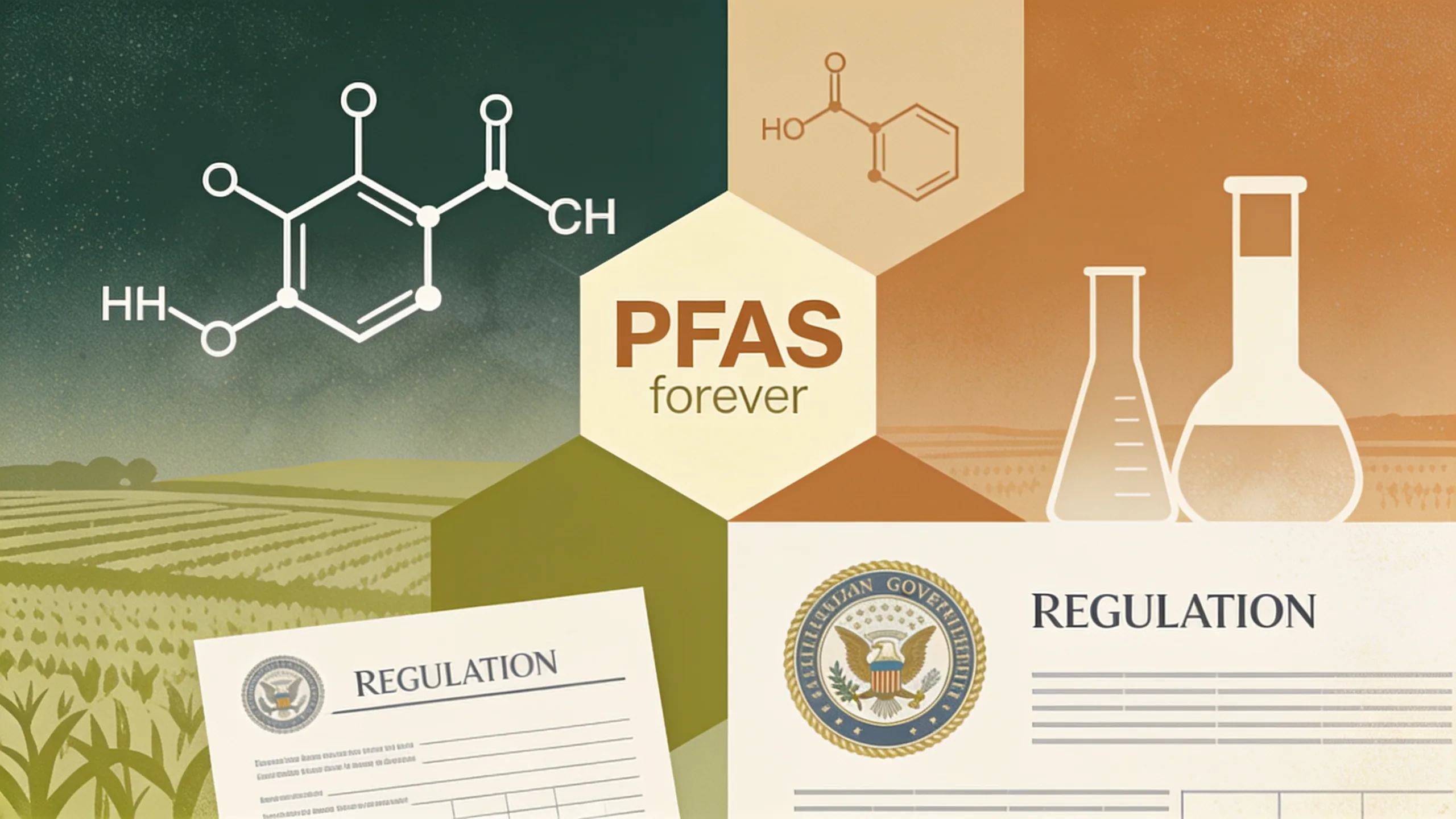 Abstract geometric illustration of chemical molecular structures and regulatory documents in muted forest green and amber tones