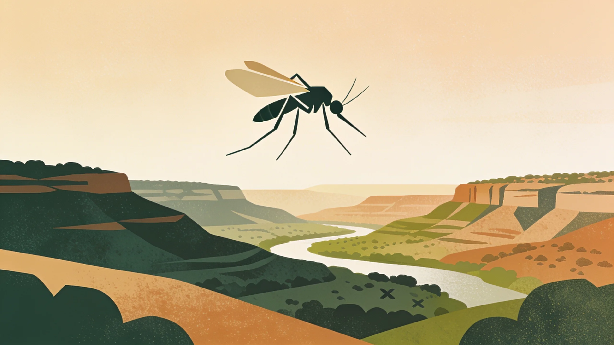 Geometric illustration of mosquito silhouette over Central Texas Hill Country landscape with soft amber and forest green tones