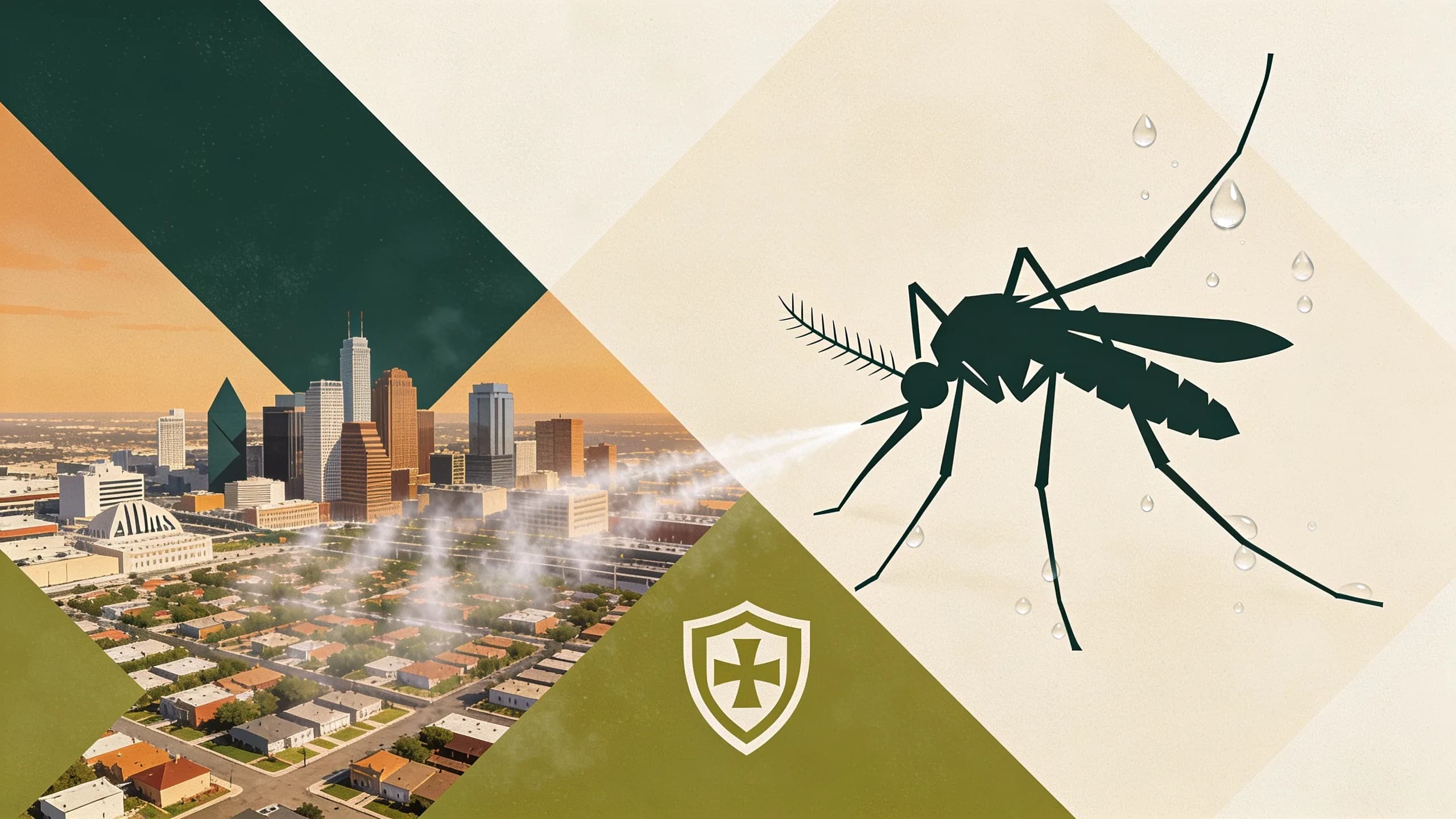 Abstract editorial illustration of geometric mosquito silhouette with Dallas cityscape and spraying mist patterns in muted green and amber tones