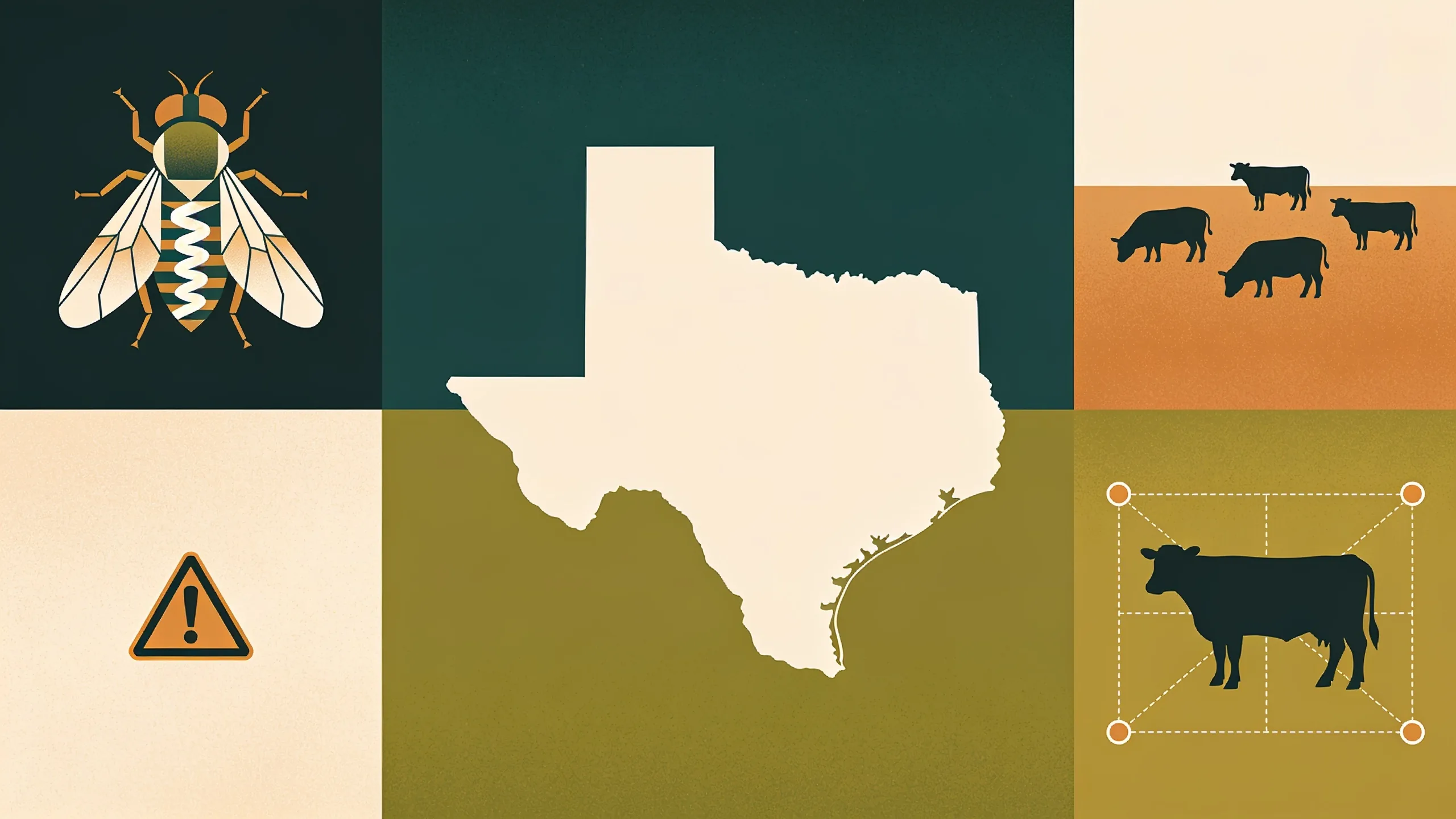 Abstract editorial illustration showing screwworm fly patterns with Texas map outline and livestock silhouettes in muted forest green and amber tones