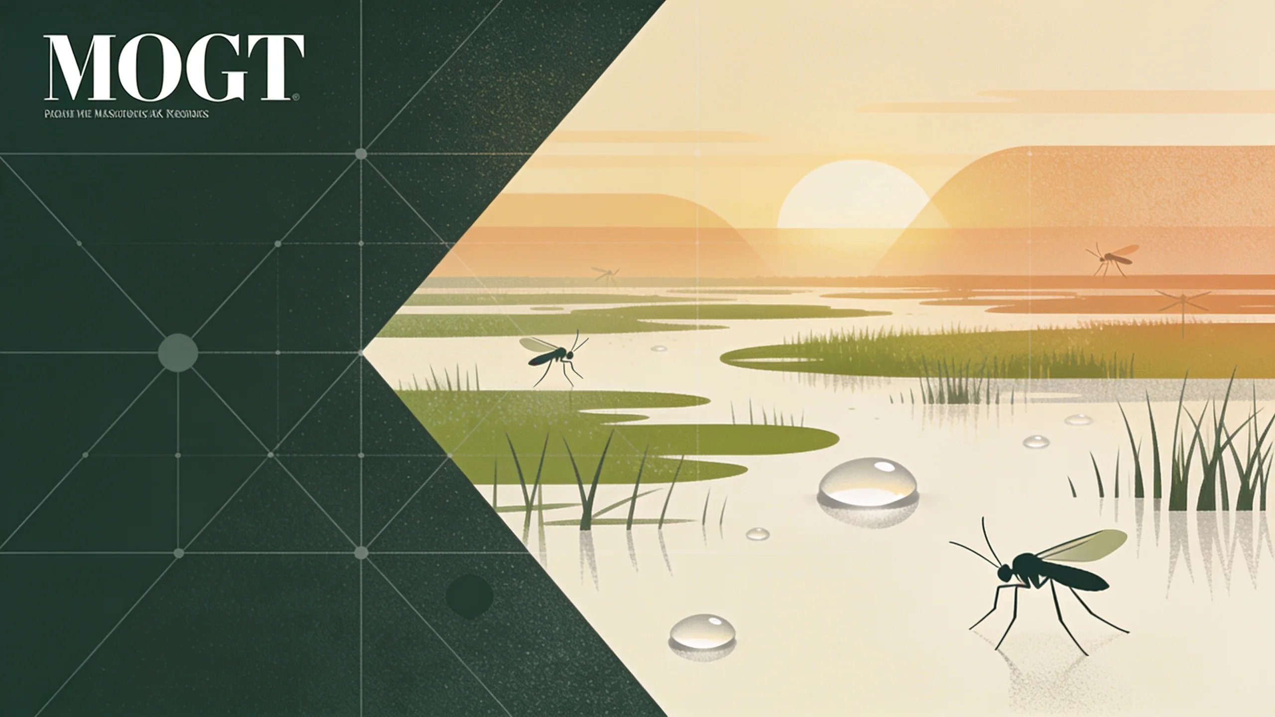 Abstract illustration of mosquito surveillance with geometric water droplets and marsh landscape patterns