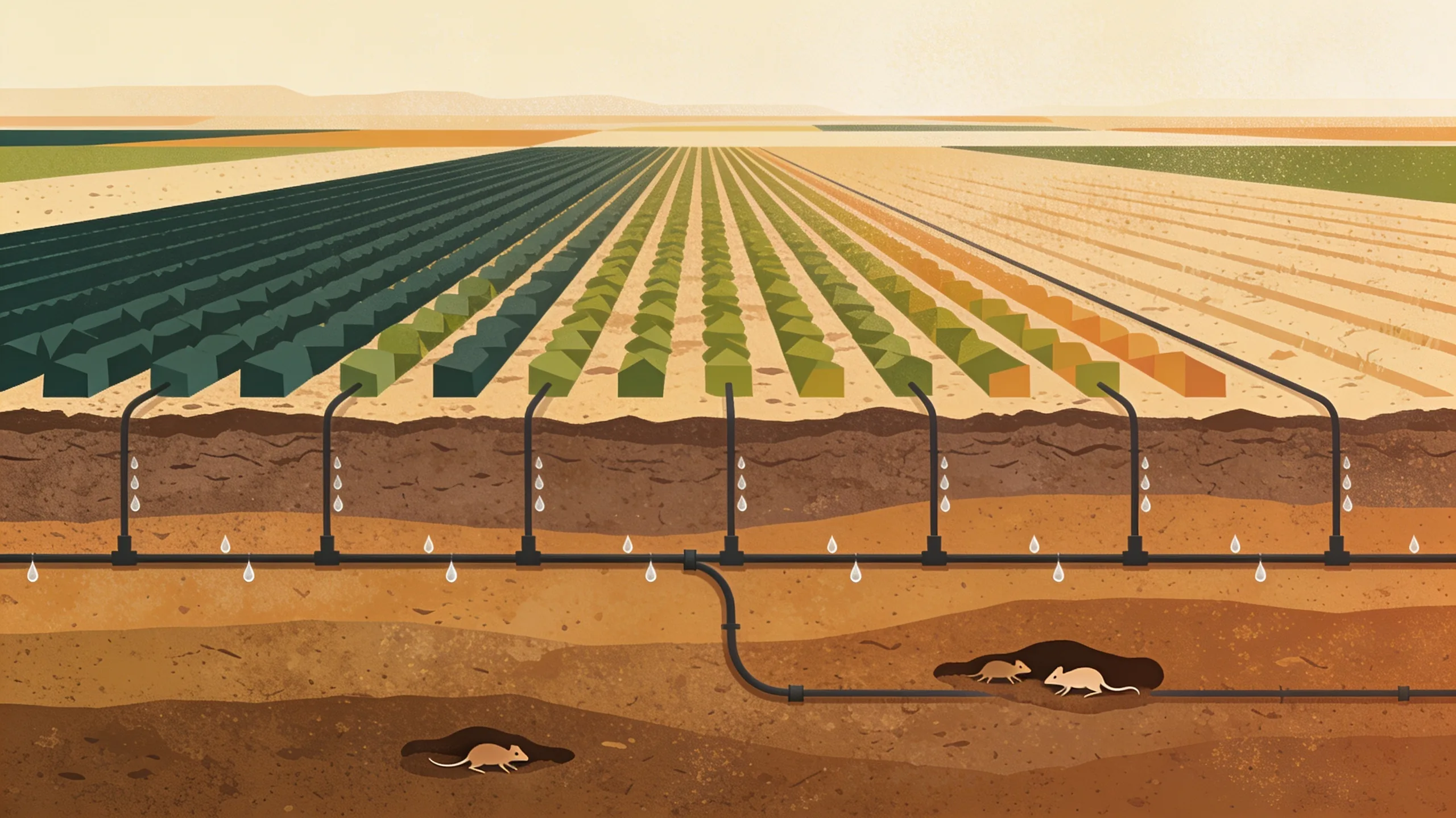 Minimalist editorial illustration of buried drip irrigation lines running beneath geometric Texas farmland rows in earthy green and amber tones
