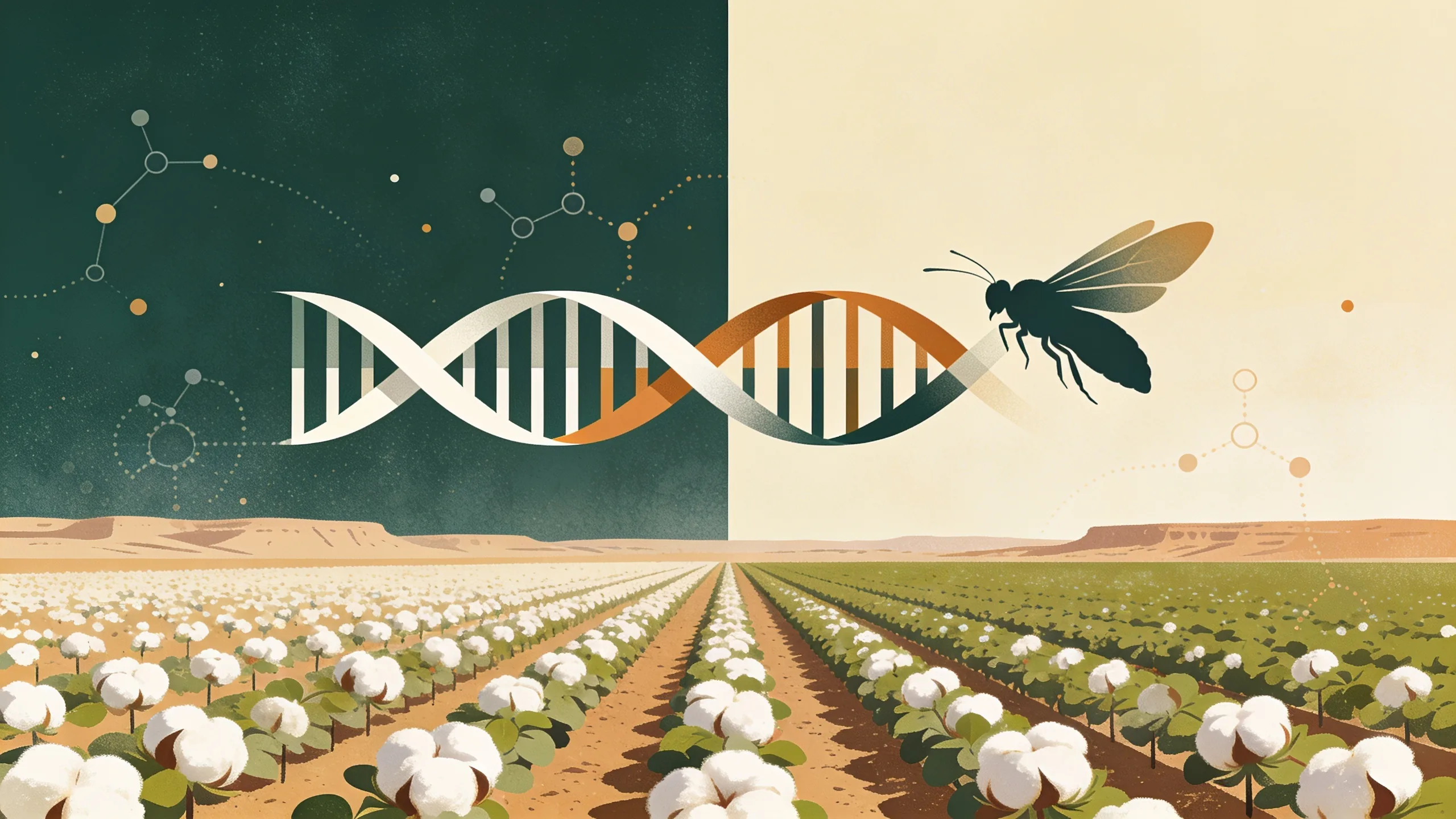 Minimalist editorial illustration of a DNA double helix merging with an abstract geometric insect over Texas cotton-field rows in earthy green and amber tones