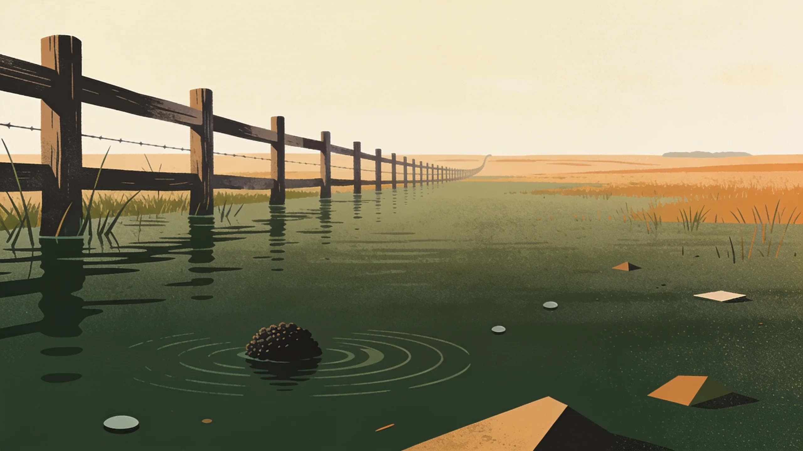 Minimalist editorial illustration of dark floodwater with a small floating cluster and scattered geometric debris in earthy green, tan and amber tones