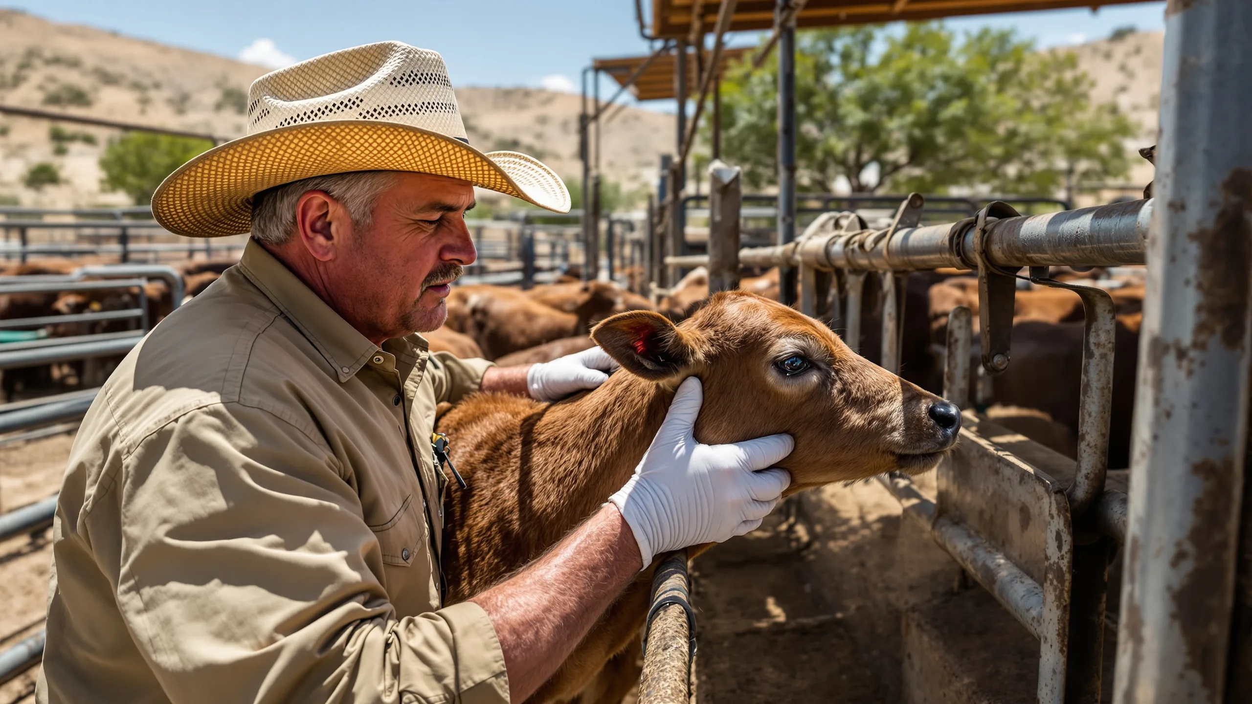 Livestock inspector in a straw hat and latex gloves examining a young brown calf's neck and ear for wounds in a dusty South Texas corral