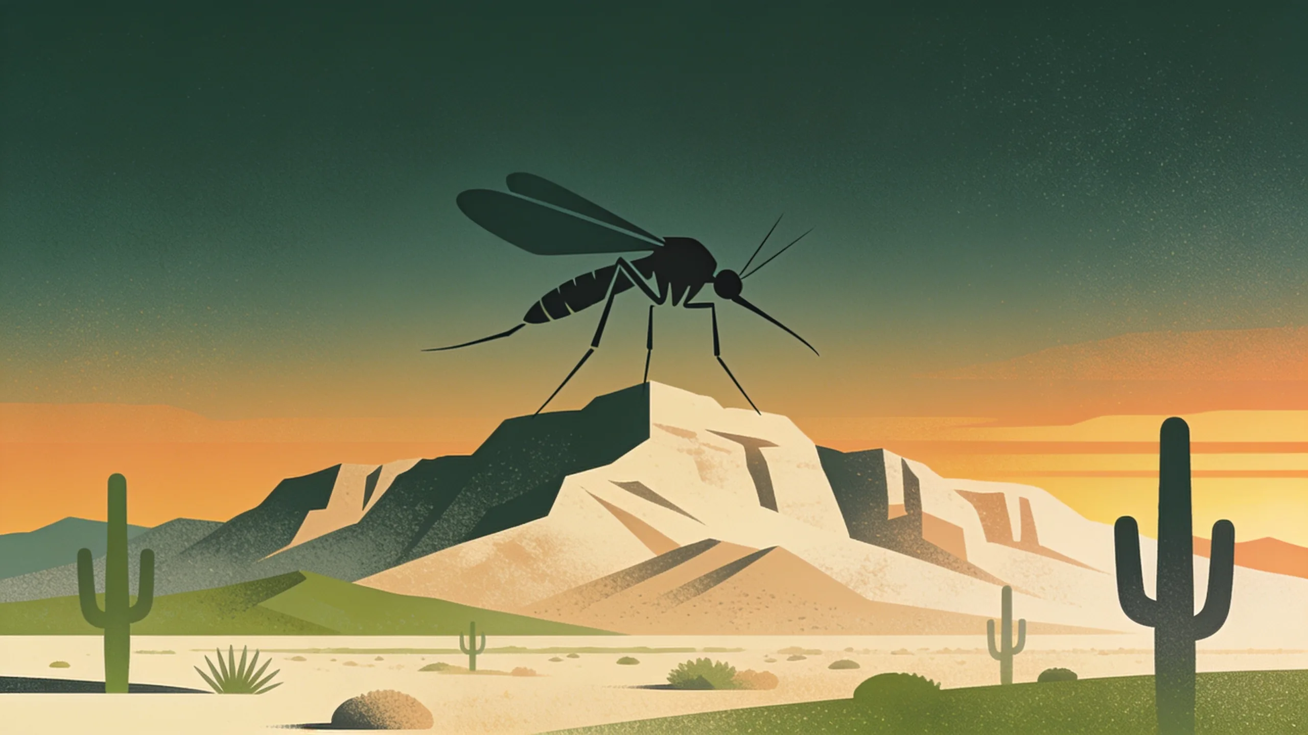 Geometric illustration of mosquito silhouette over El Paso desert landscape at dusk