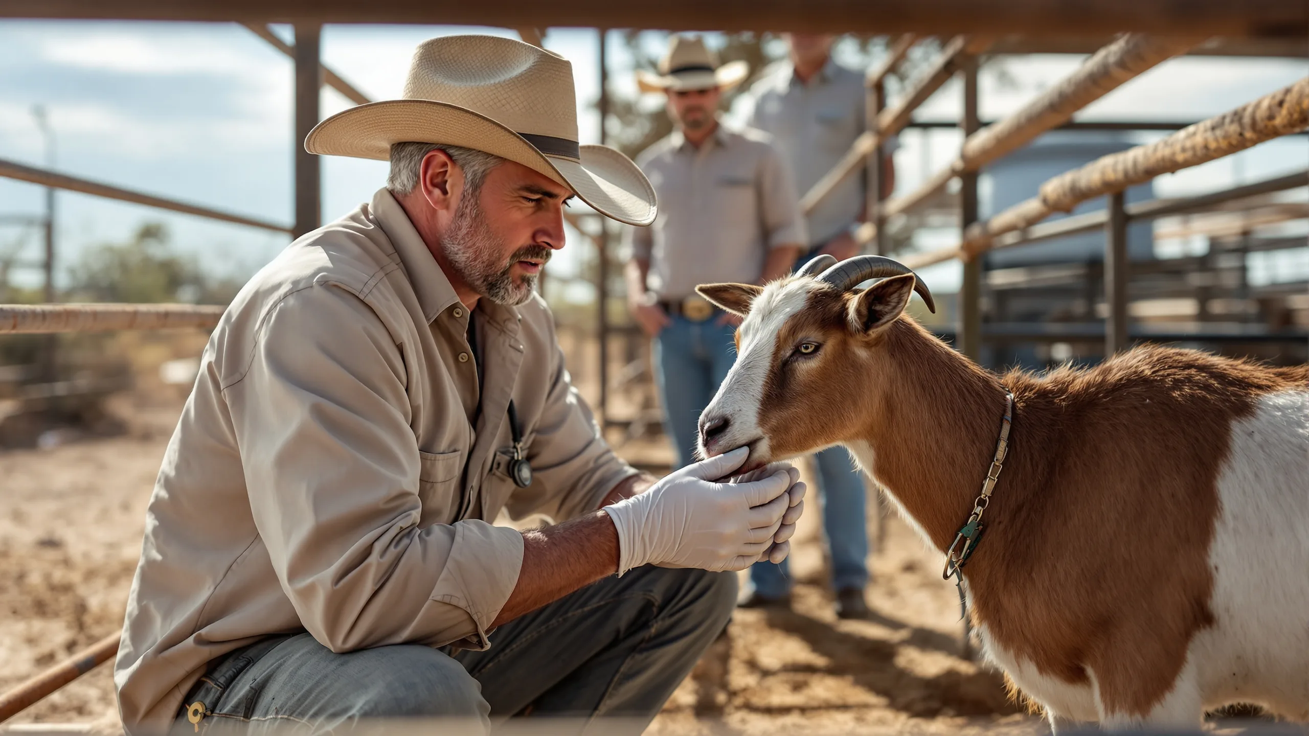 Veterinarian in white gloves and a straw hat crouching to examine a brown-and-white goat inside a metal pen on a dusty West Texas ranch as ranchers look on