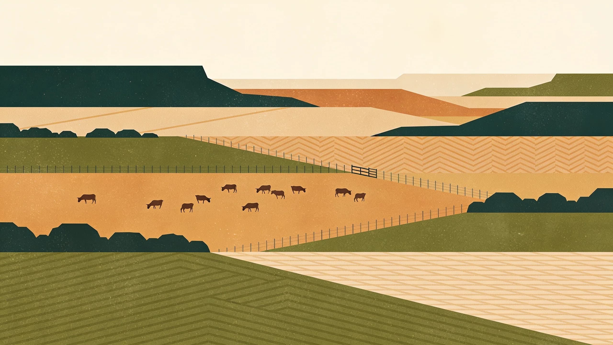 Abstract geometric illustration of Texas ranch landscape with subtle patterns suggesting livestock and veterinary surveillance in earthy olive and tan tones