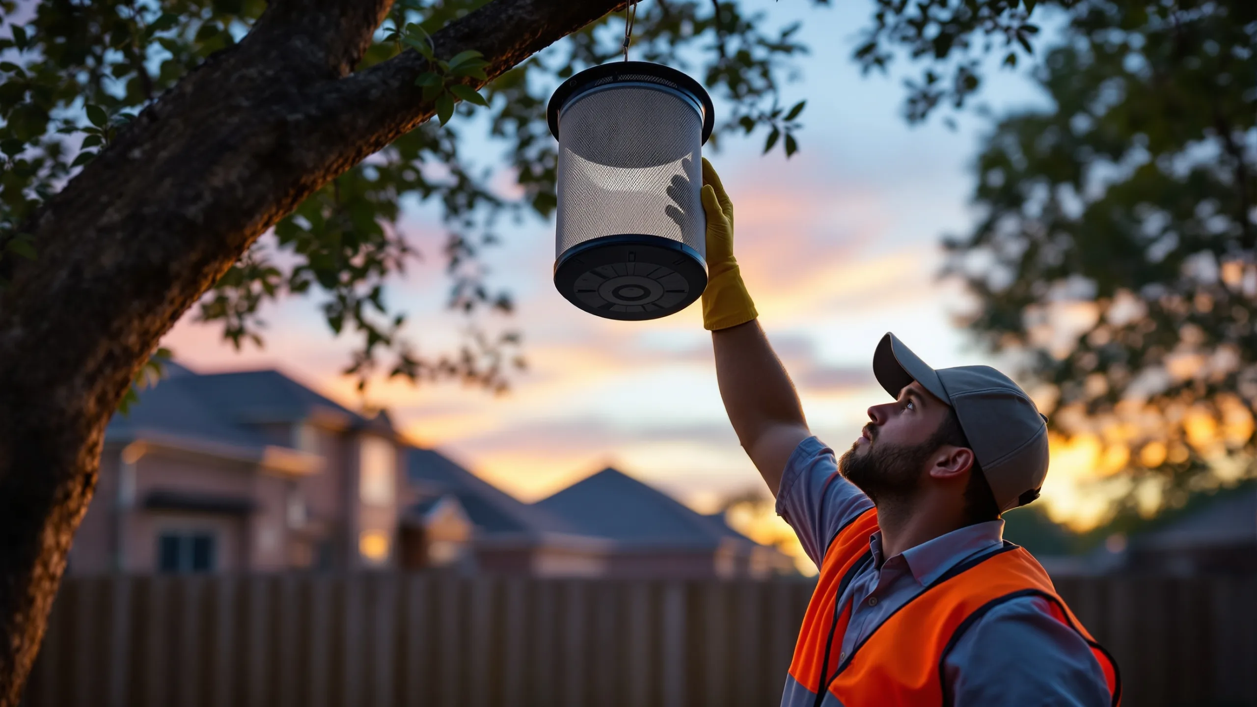 Mosquito control technician in a hi-vis vest reaching up to retrieve a mesh mosquito surveillance trap from a tree branch in a North Texas backyard at dusk