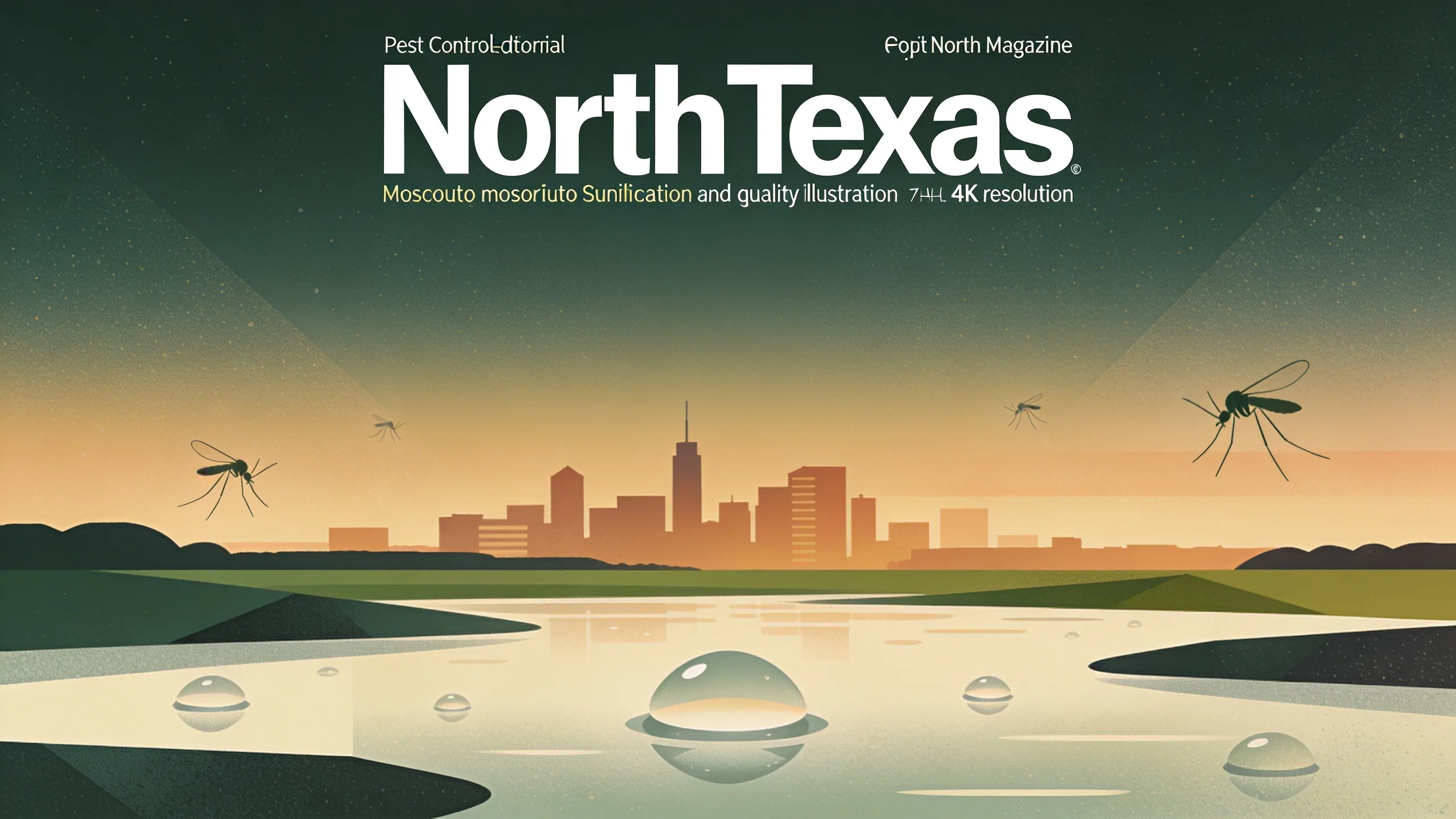 Abstract illustration of mosquito surveillance in an urban North Texas landscape with geometric water droplets and soft diffused lighting