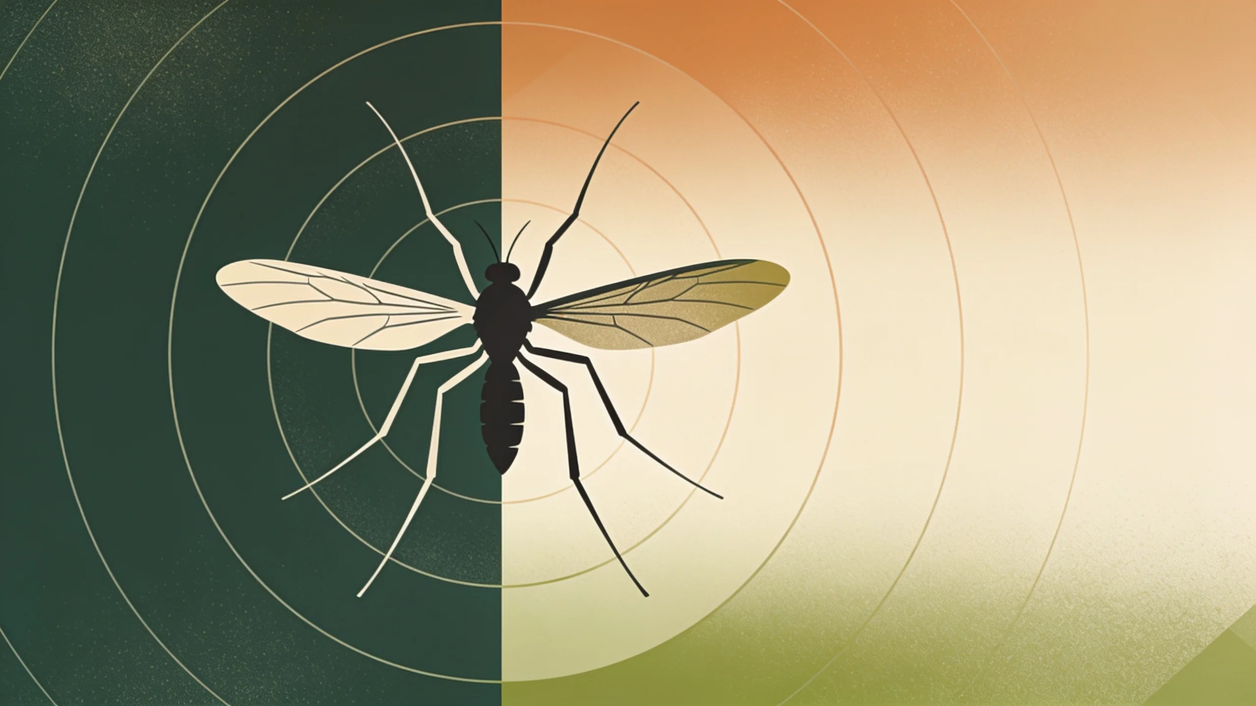 Abstract illustration of mosquito wings and expanding range patterns in earthy green and amber tones