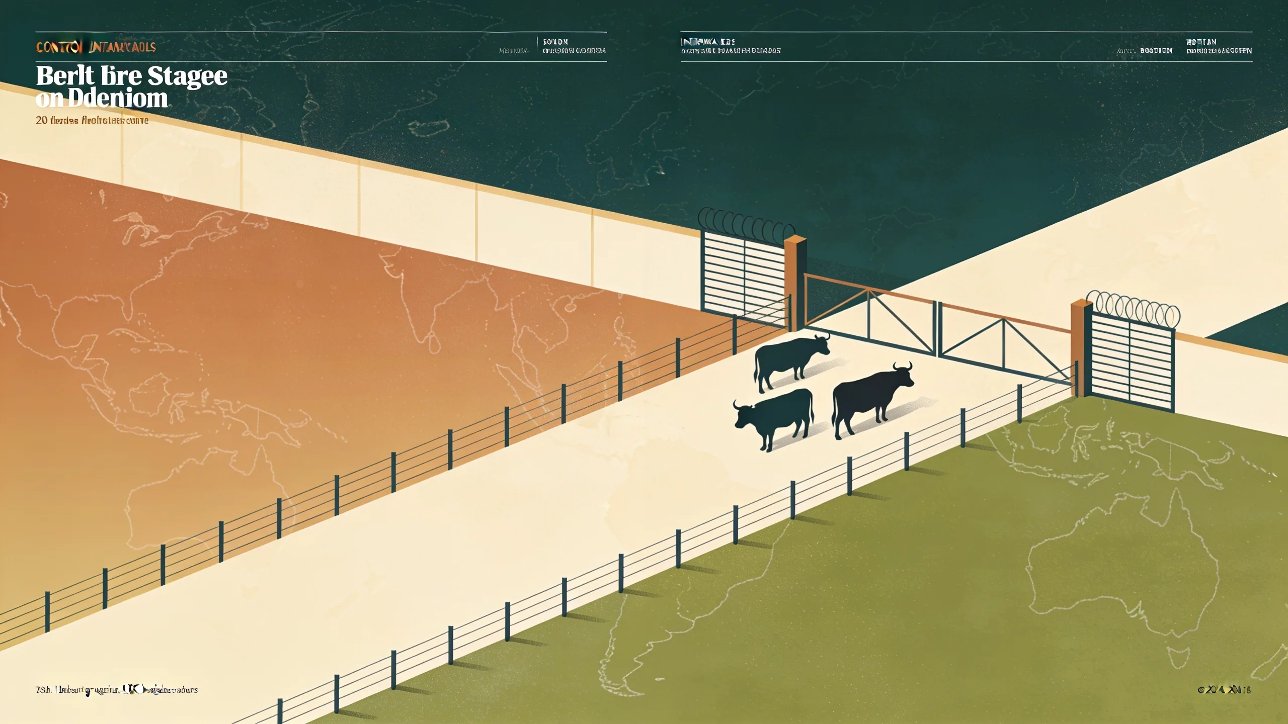 Abstract illustration of cattle silhouettes and border crossing with geometric patterns in earthy green and tan tones