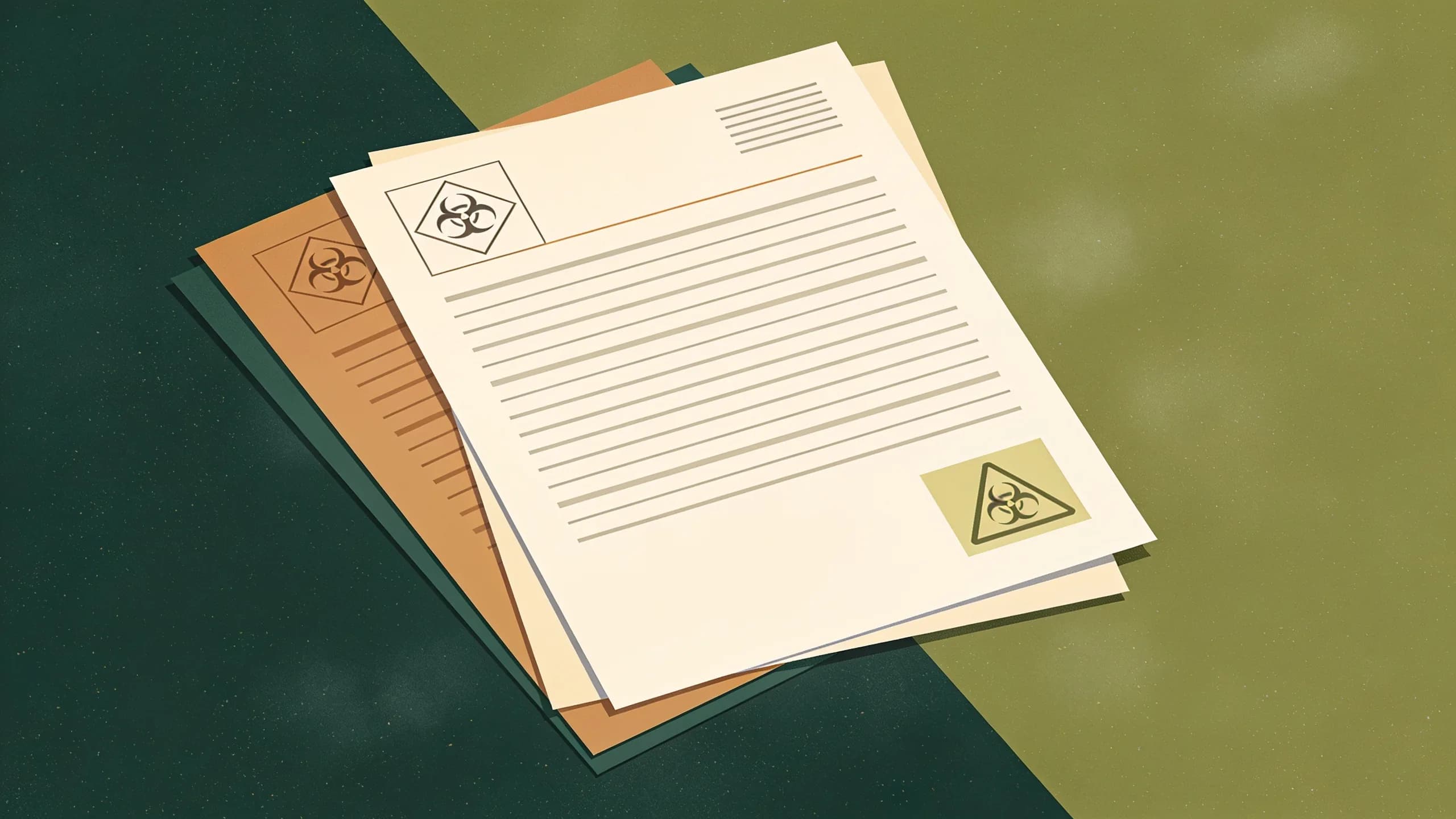 Abstract illustration of regulatory documents with warning symbols, geometric shapes in muted green and amber tones