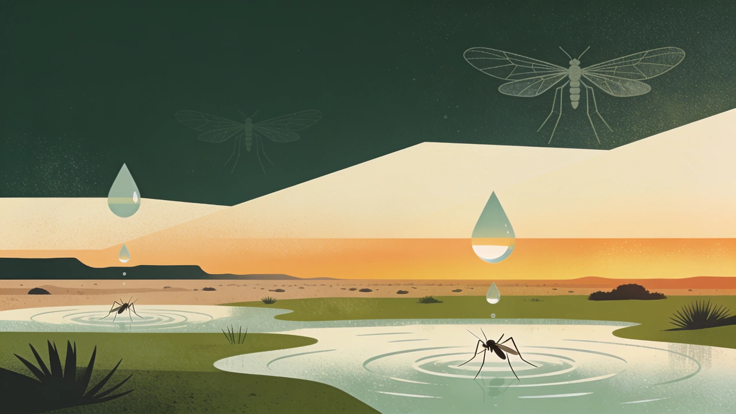 Abstract illustration of West Nile virus mosquito surveillance in West Texas with geometric water droplets and warm amber tones