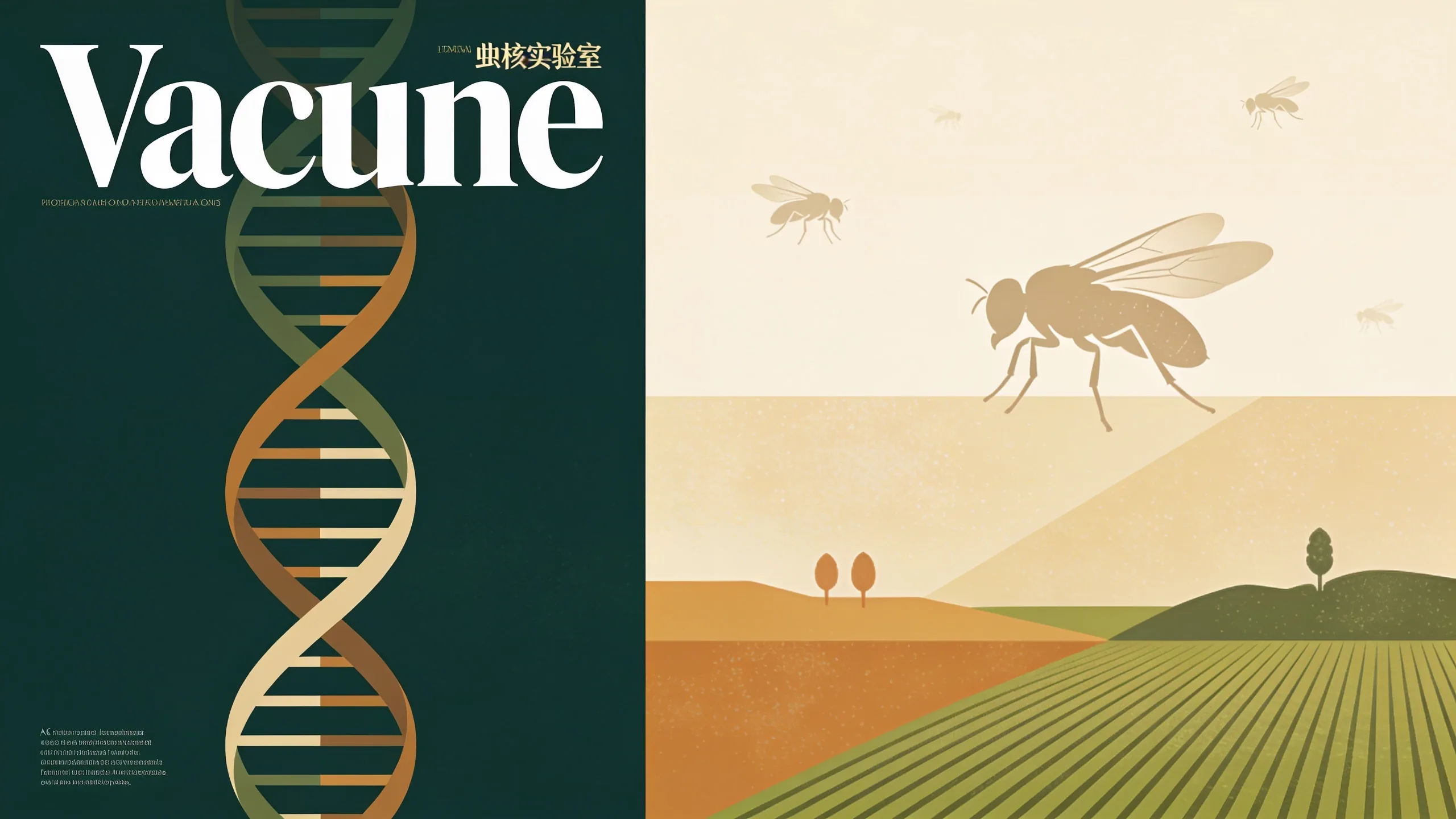 Abstract illustration of sterile insect technique with geometric fly silhouettes and agricultural landscape