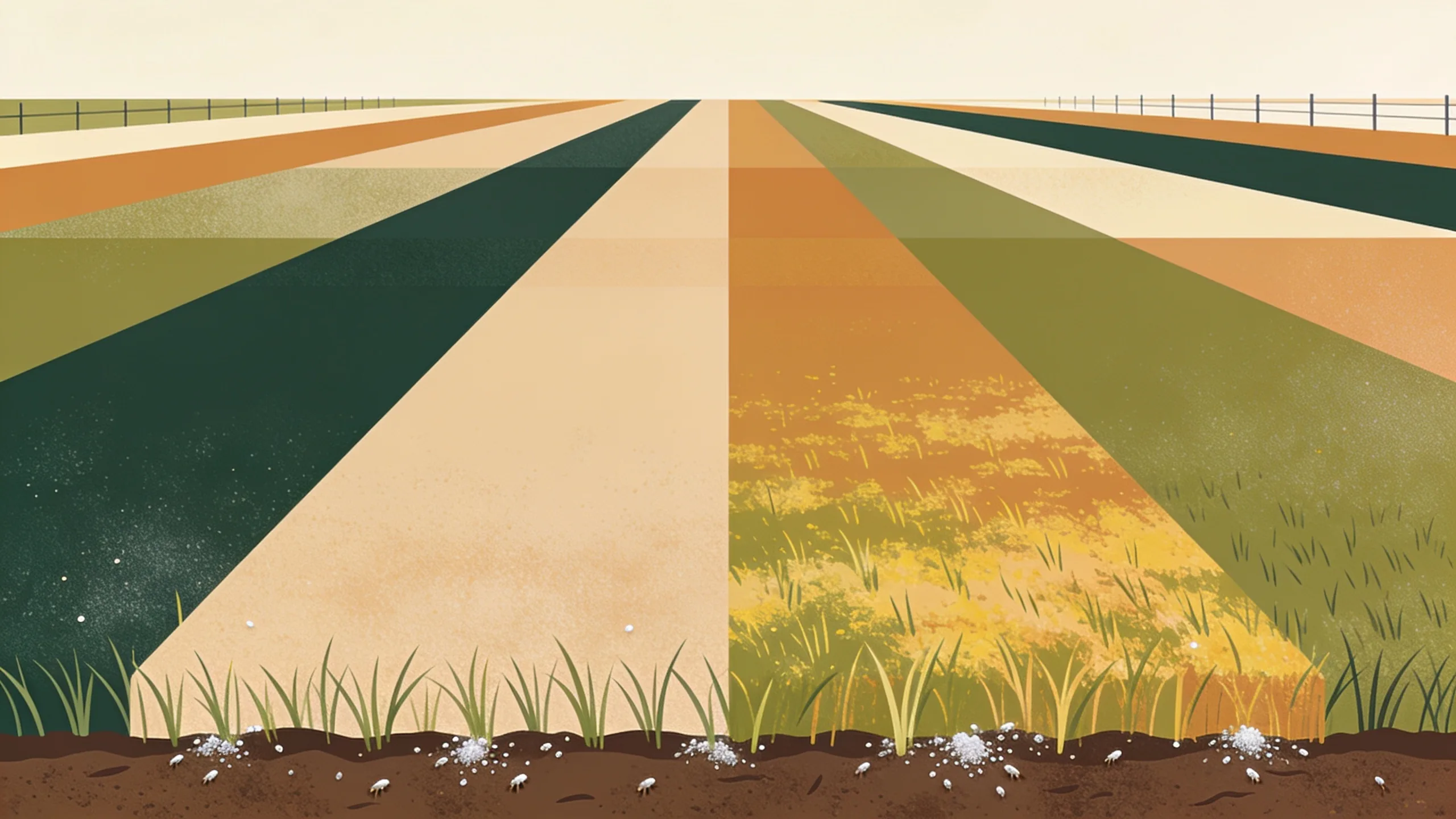 Abstract illustration of Texas pasture with geometric grass patterns showing yellowing and stress from mealybug infestation