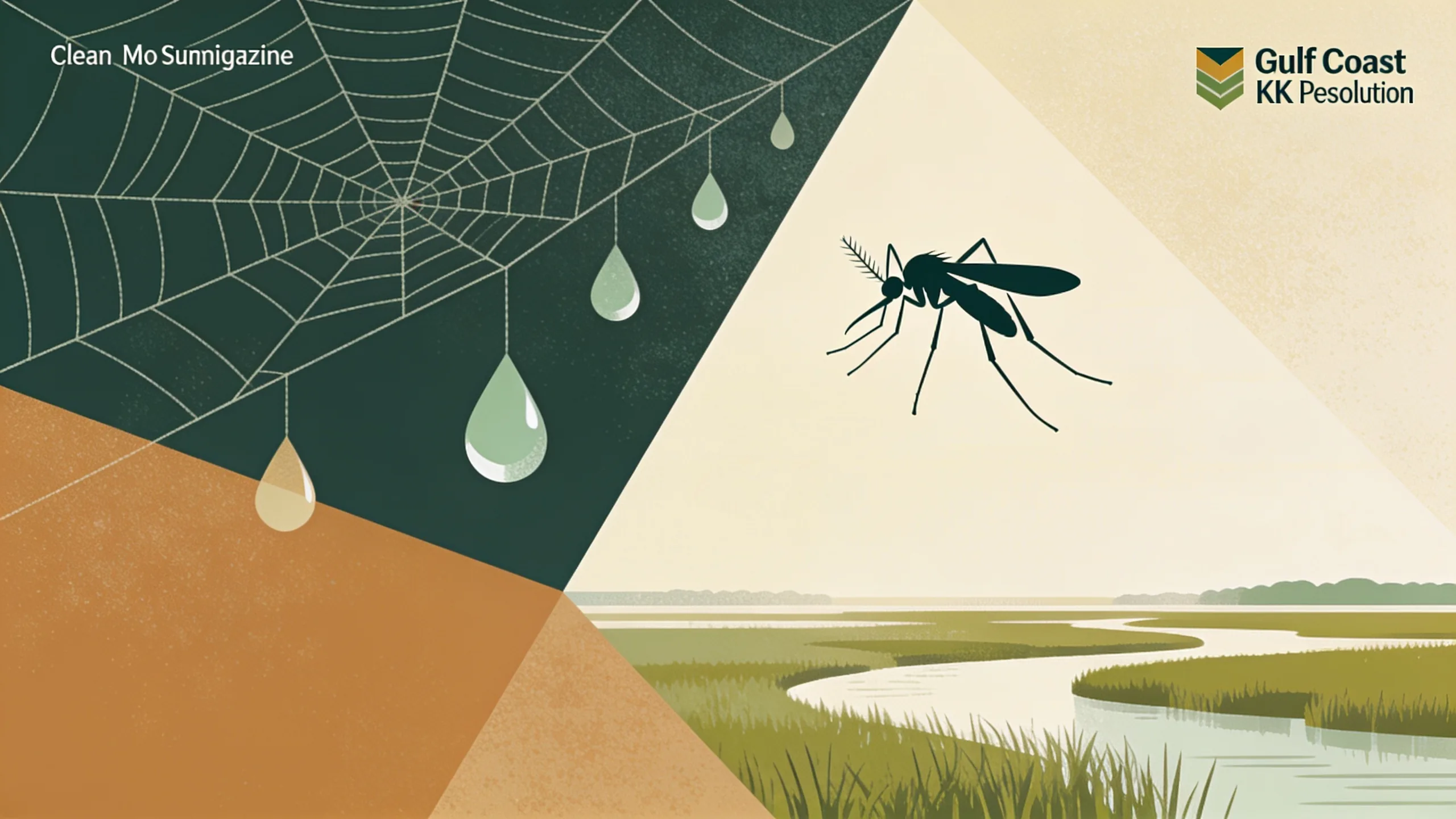 Geometric illustration of mosquito surveillance with abstract water droplets and protective netting