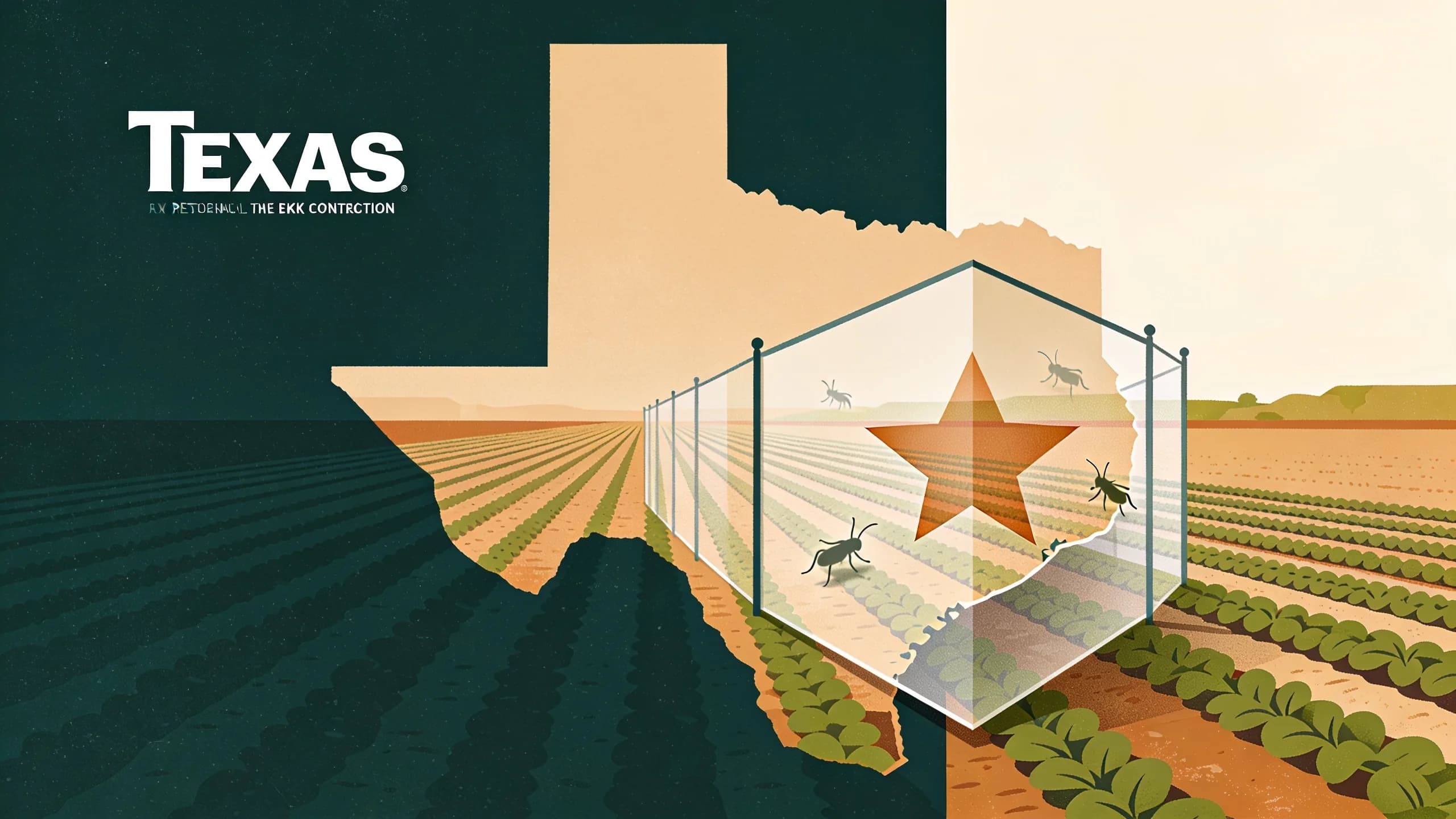Abstract illustration of protective shield over Texas farmland with geometric crop patterns