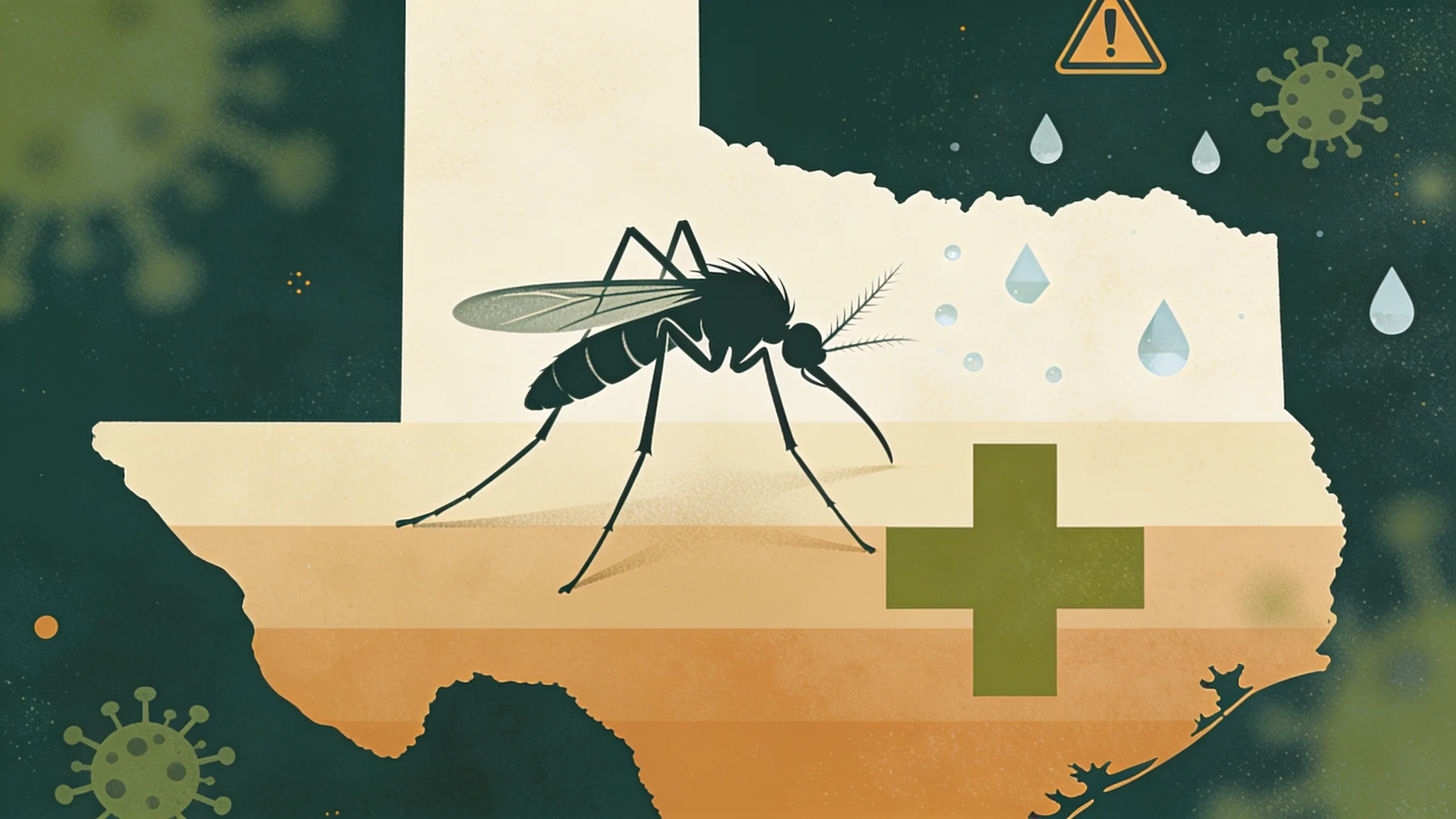 Abstract editorial illustration of mosquito silhouette over Texas landscape with medical warning symbols