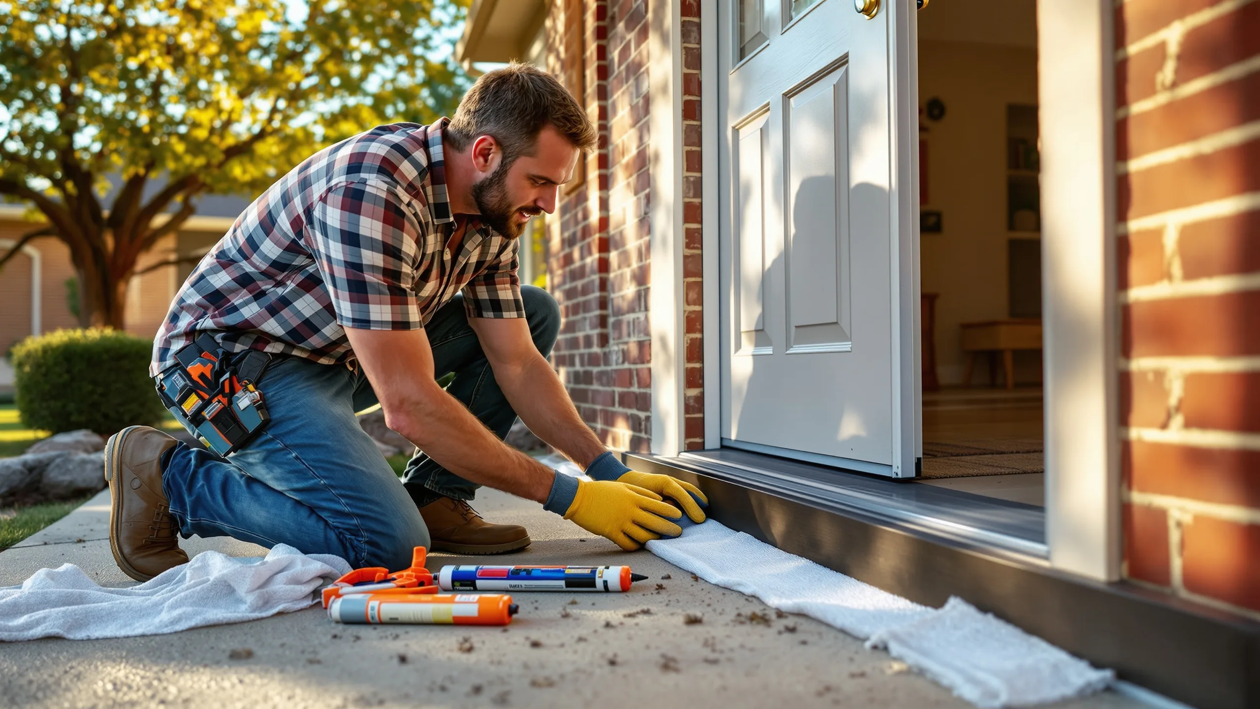 Homeowner installing a door sweep on a Texas brick home as part of fall pest-proofing