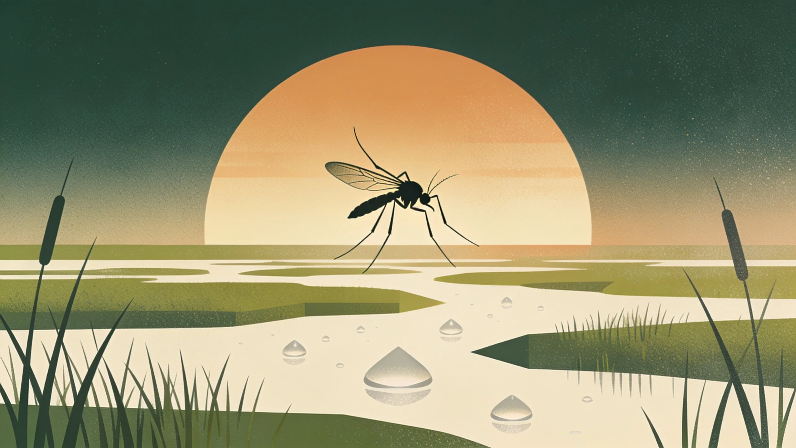 Mosquito silhouette against Gulf Coast sunset, representing West Nile virus threat in Galveston County