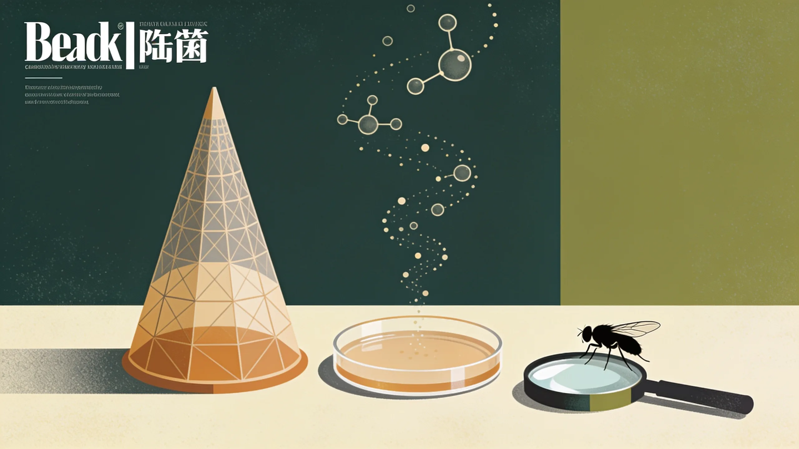 Minimal editorial illustration of a laboratory fly trap with abstract scent molecules rising from a petri dish beside a blowfly silhouette