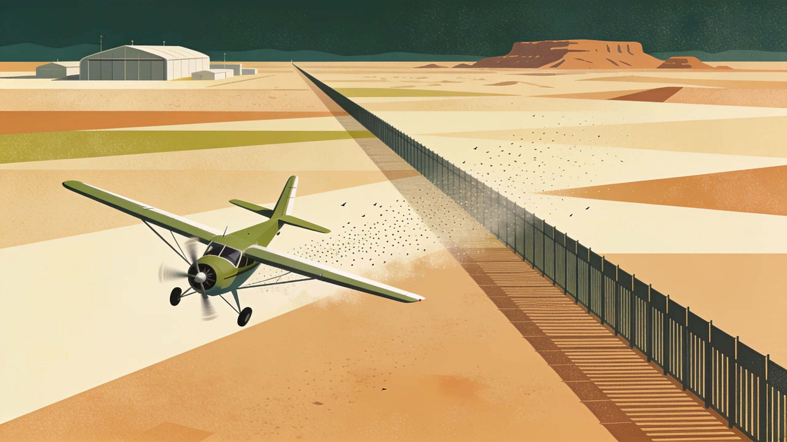 Minimal editorial illustration of a small aircraft dispersing sterile flies over a geometric desert borderland with a fence line