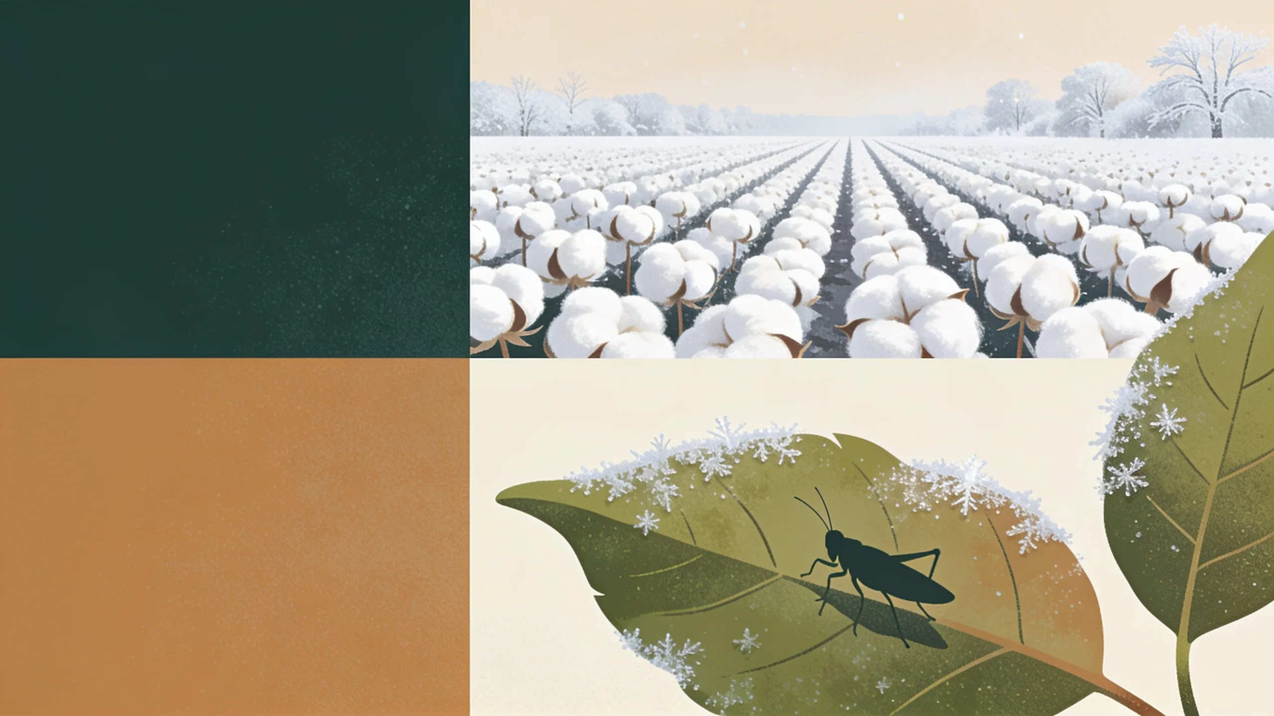 Minimal editorial illustration of geometric cotton rows under a pale frosty sky with a small leafhopper silhouette