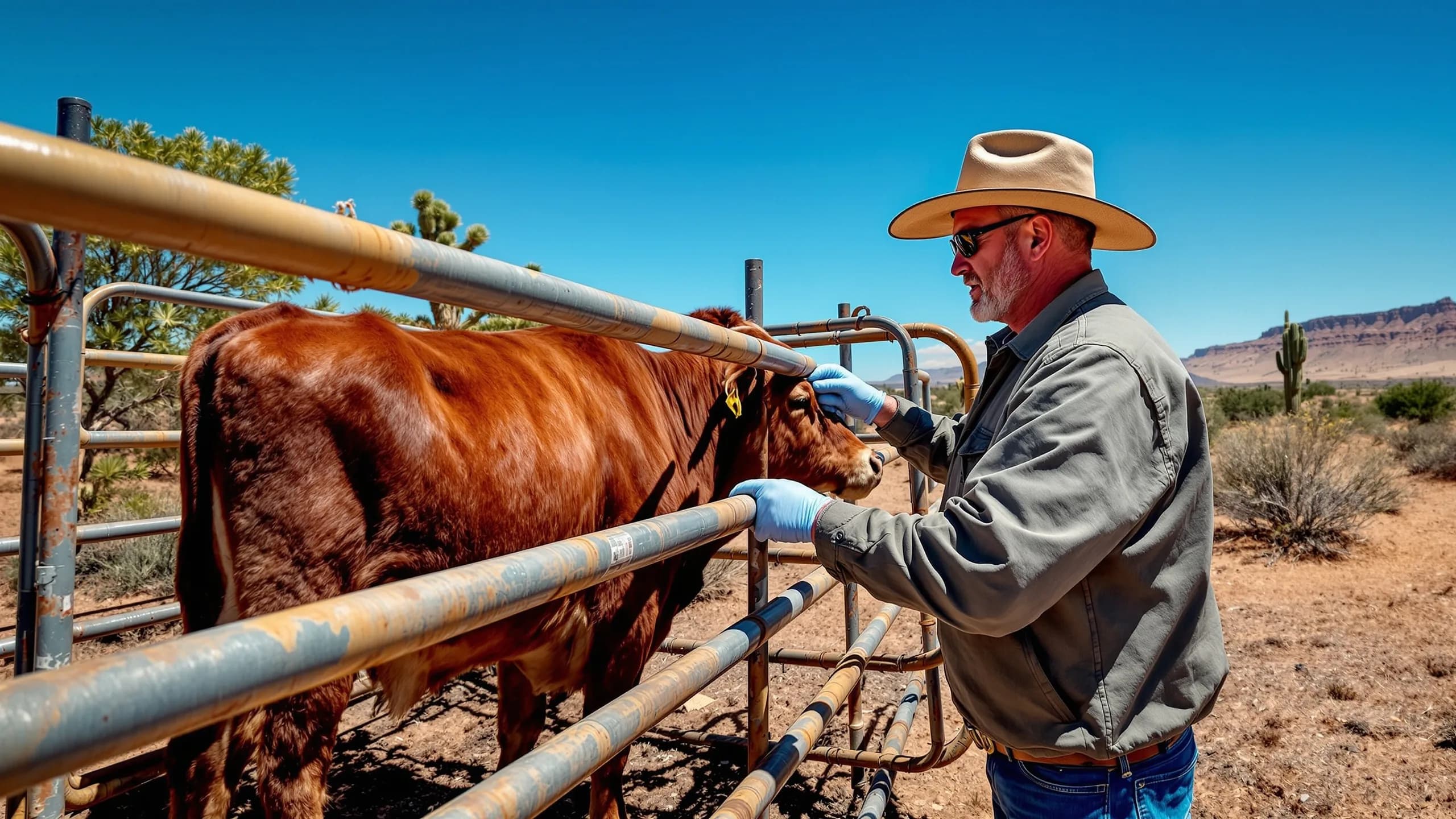 Livestock veterinarian in gloves examining a beef cow inside a metal pen on an arid Big Bend region ranch in far West Texas, with desert mountains in the background