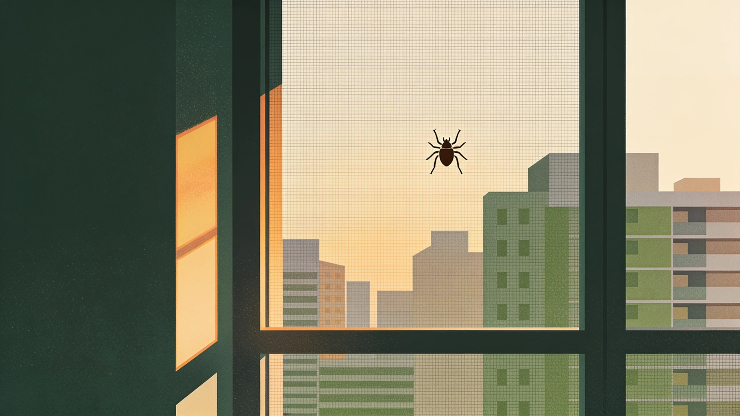 Minimal editorial illustration of a geometric tick silhouette on an apartment window screen against a muted cream city skyline
