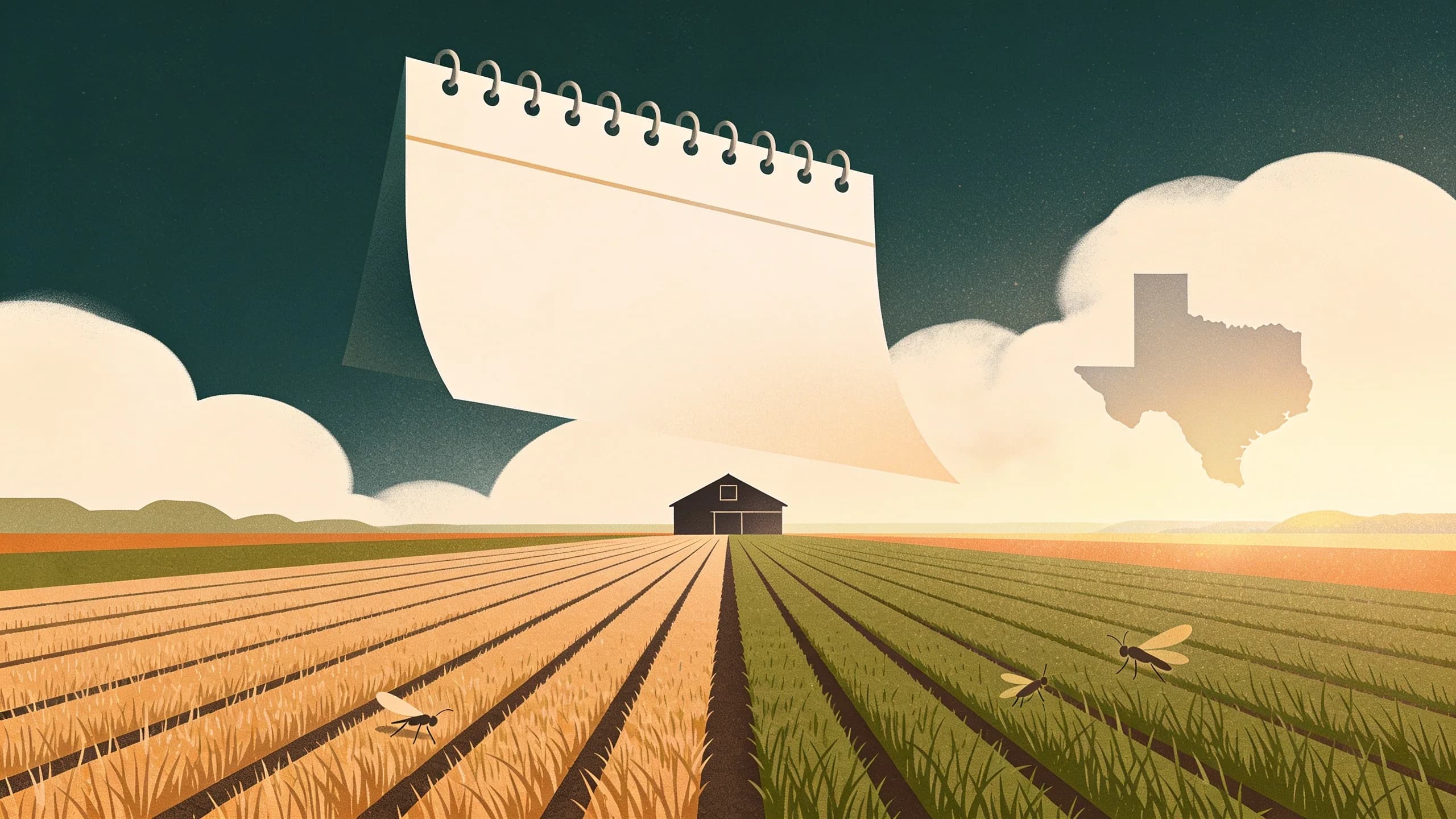 Minimal editorial illustration of geometric East Texas pasture rows with a barn silhouette and a calendar page motif in muted green and tan