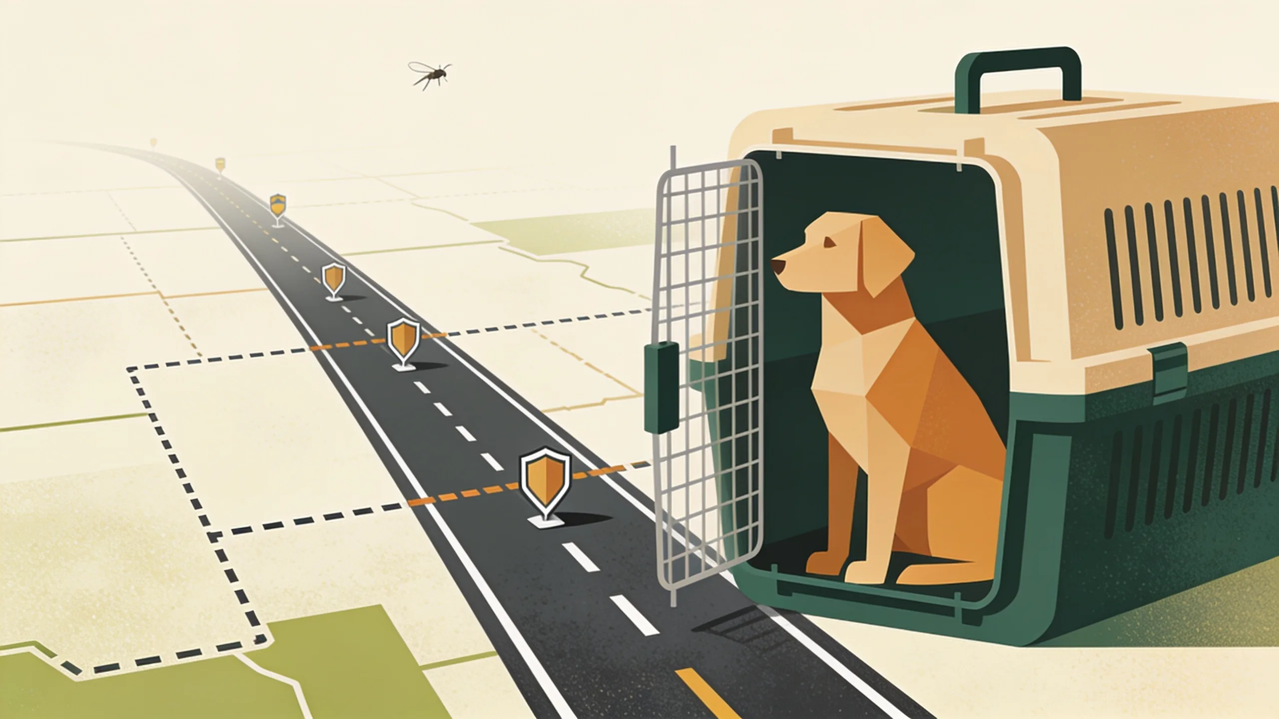 Minimal editorial illustration of a geometric dog silhouette inside a transport crate beside a highway route crossing state border lines