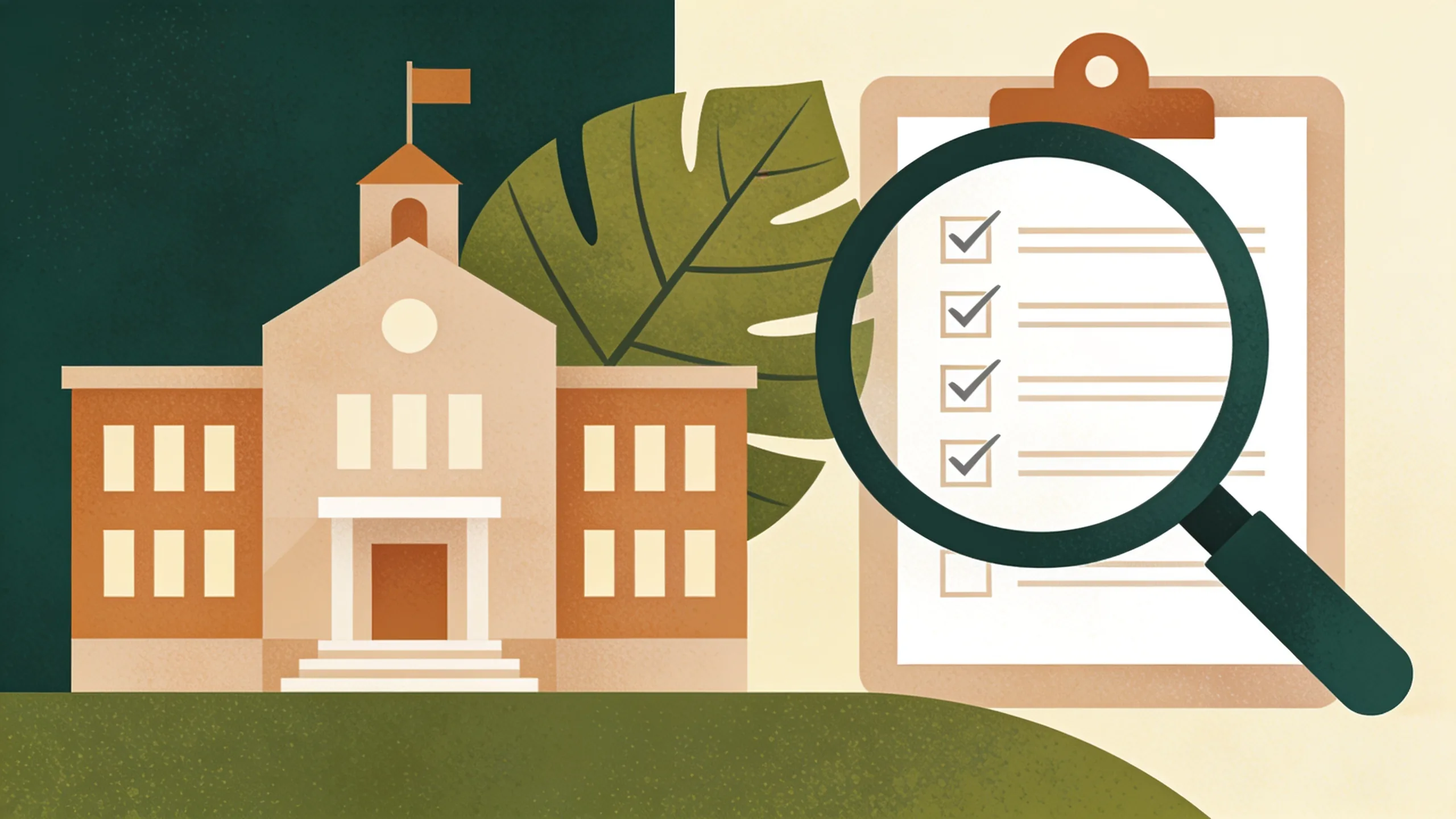 Minimal editorial illustration of a school building silhouette with geometric leaf and checklist motifs, representing integrated pest management training for Texas schools