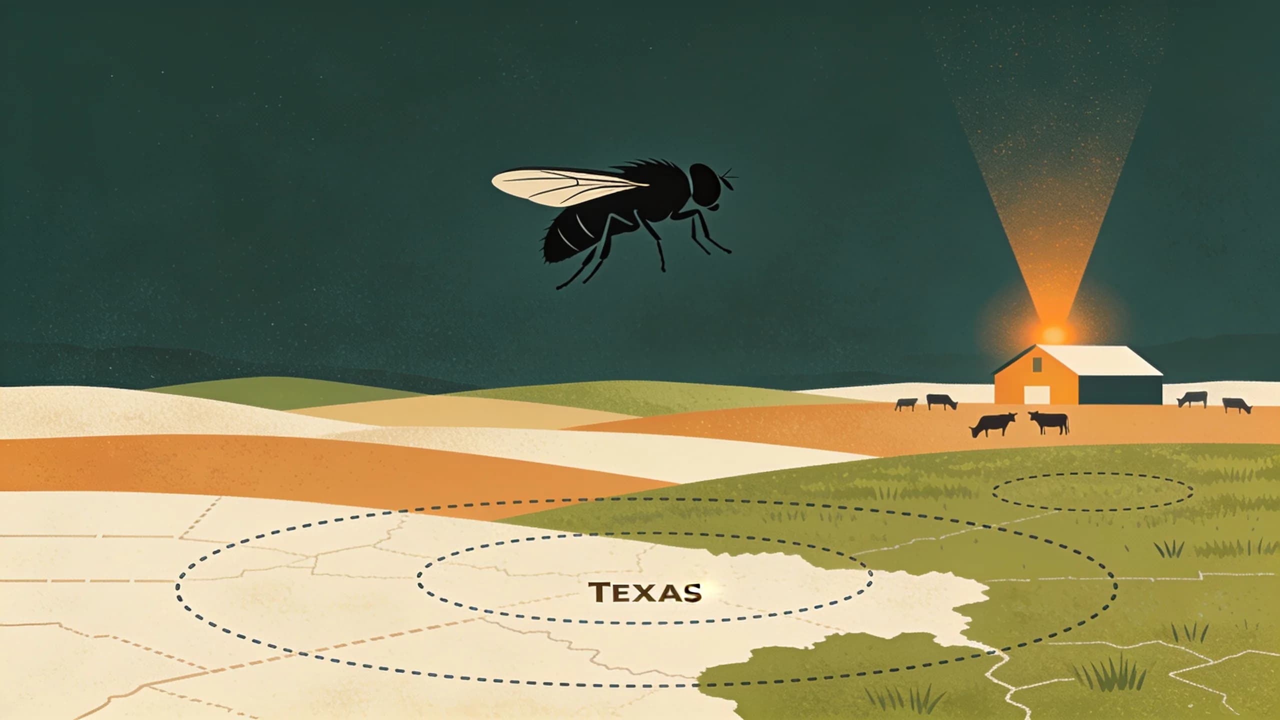 Geometric illustration of a fly over abstract Texas pastureland with containment zone markers, representing the screwworm outbreak response
