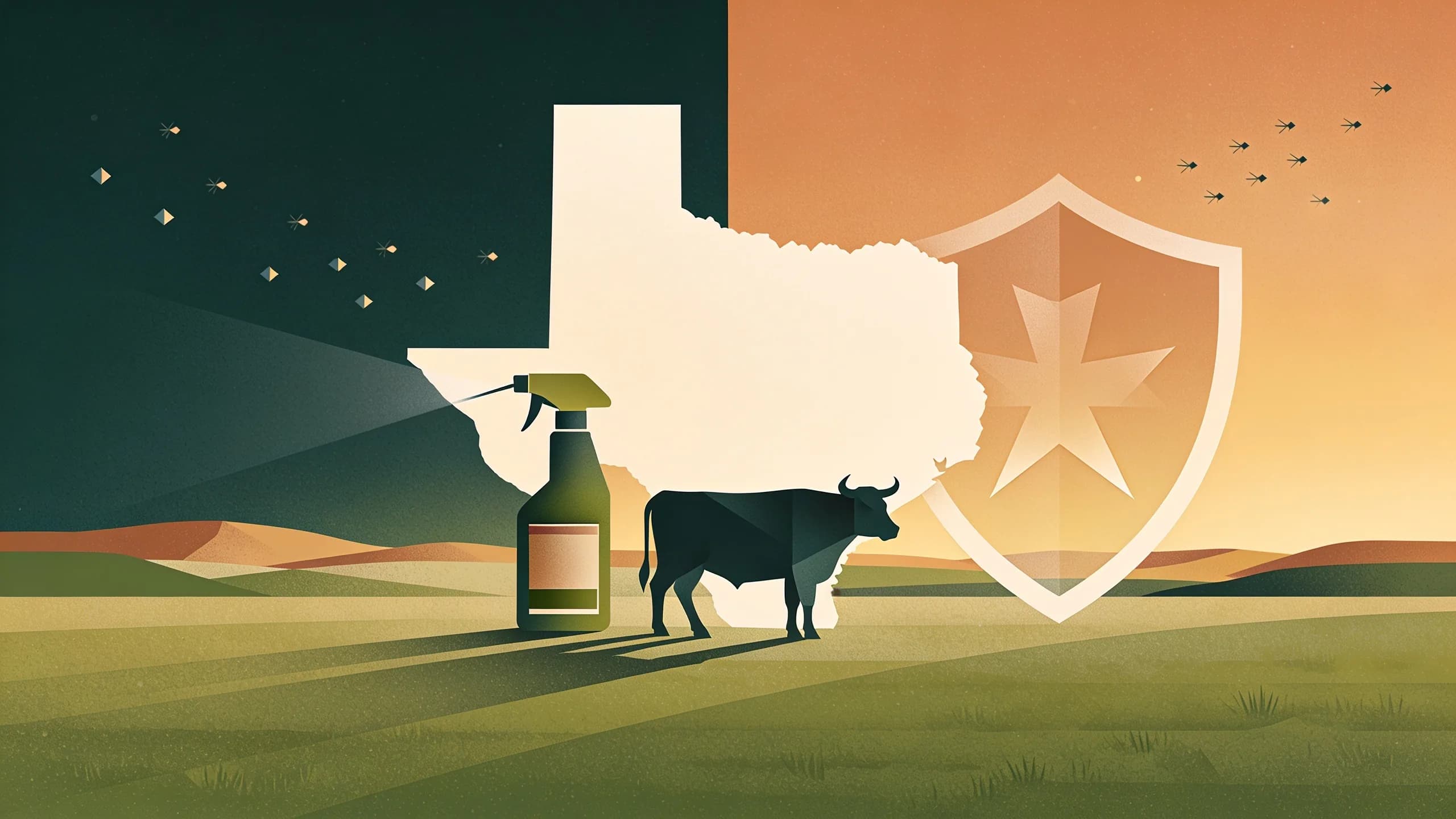 Minimal editorial illustration of a cattle silhouette in a Texas pasture beside a shield shape and veterinary spray bottle under a warm dusk sky