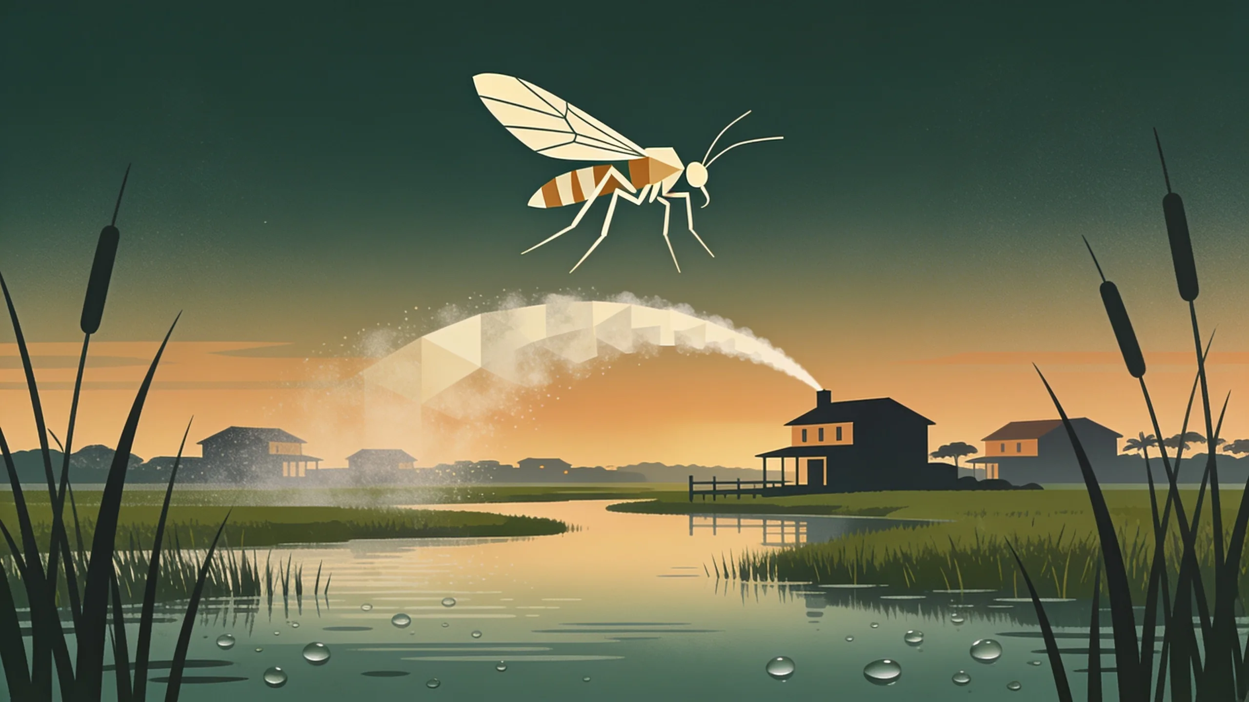 Minimal editorial illustration of geometric mosquito wings above a Gulf Coast marsh town at twilight with spray mist drifting over house silhouettes