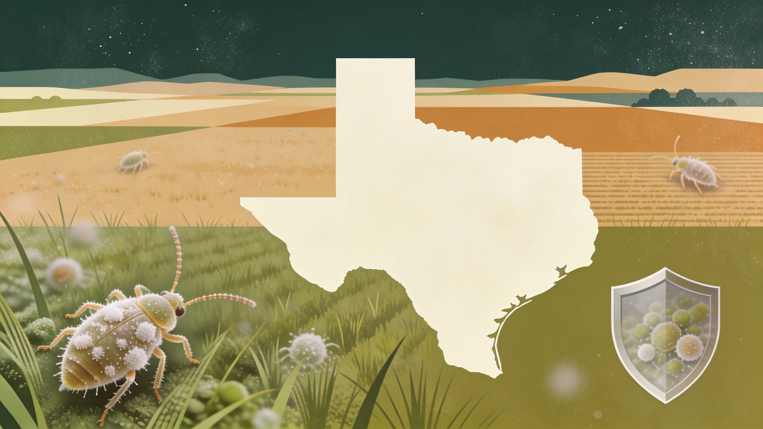 Abstract illustration of Texas pasture with geometric patterns representing mealybug infestation and agricultural protection