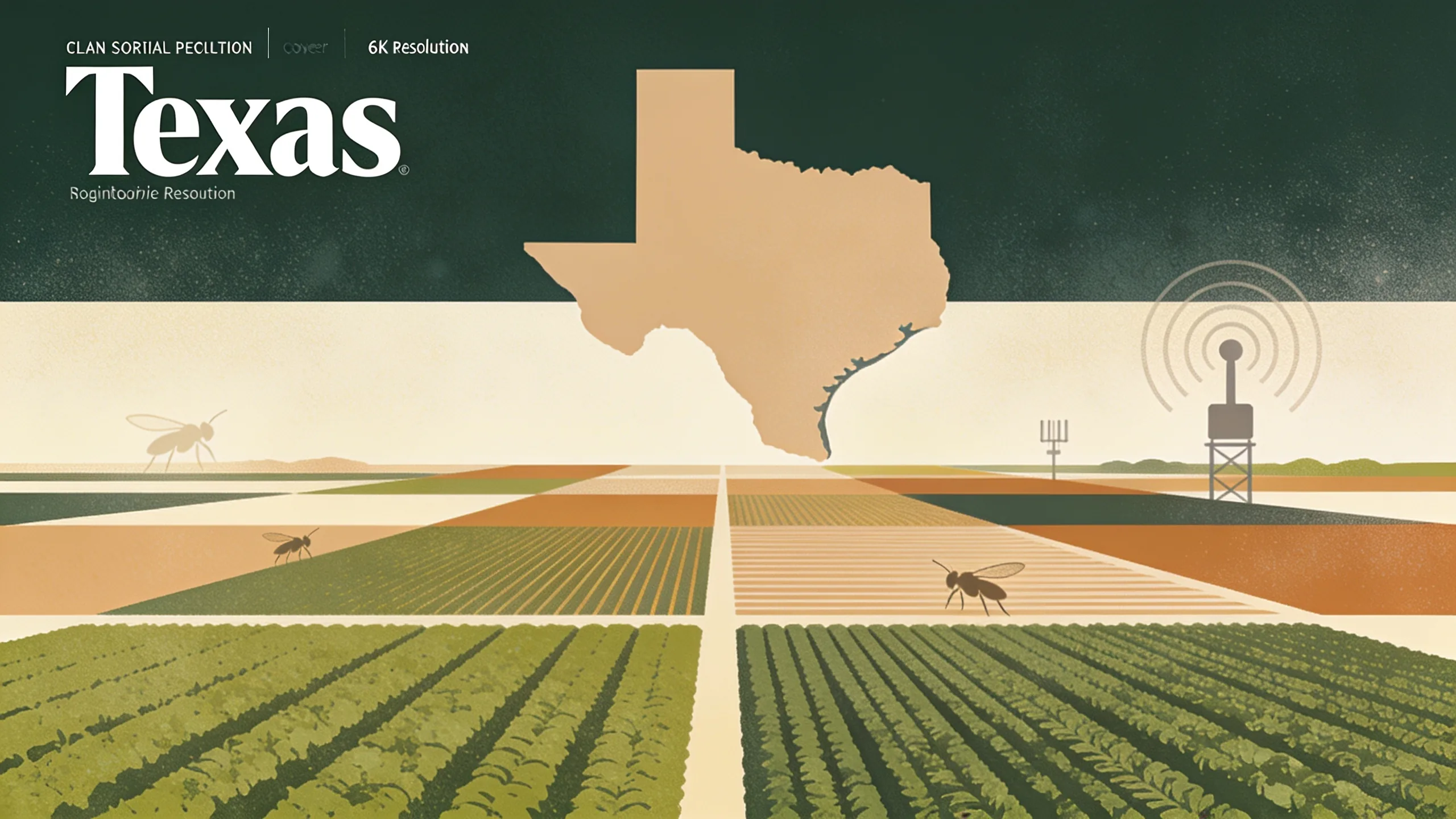 Geometric illustration of Texas agricultural landscape with integrated pest management elements including crop rows and monitoring symbols