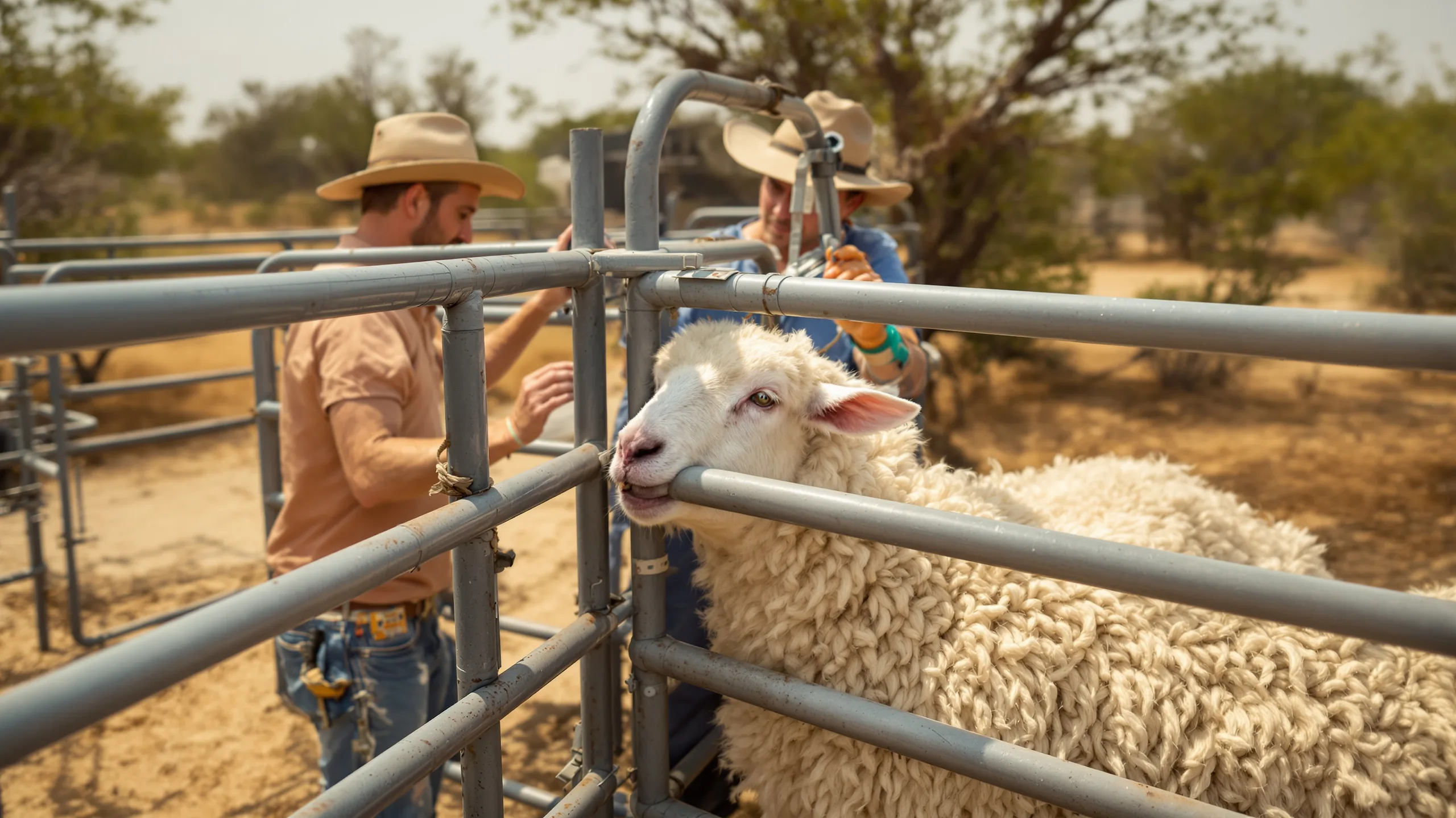 A livestock veterinarian examining a sheep in a dusty pen on a Val Verde County ranch near the Texas-Mexico border, representing the newest confirmed screwworm case