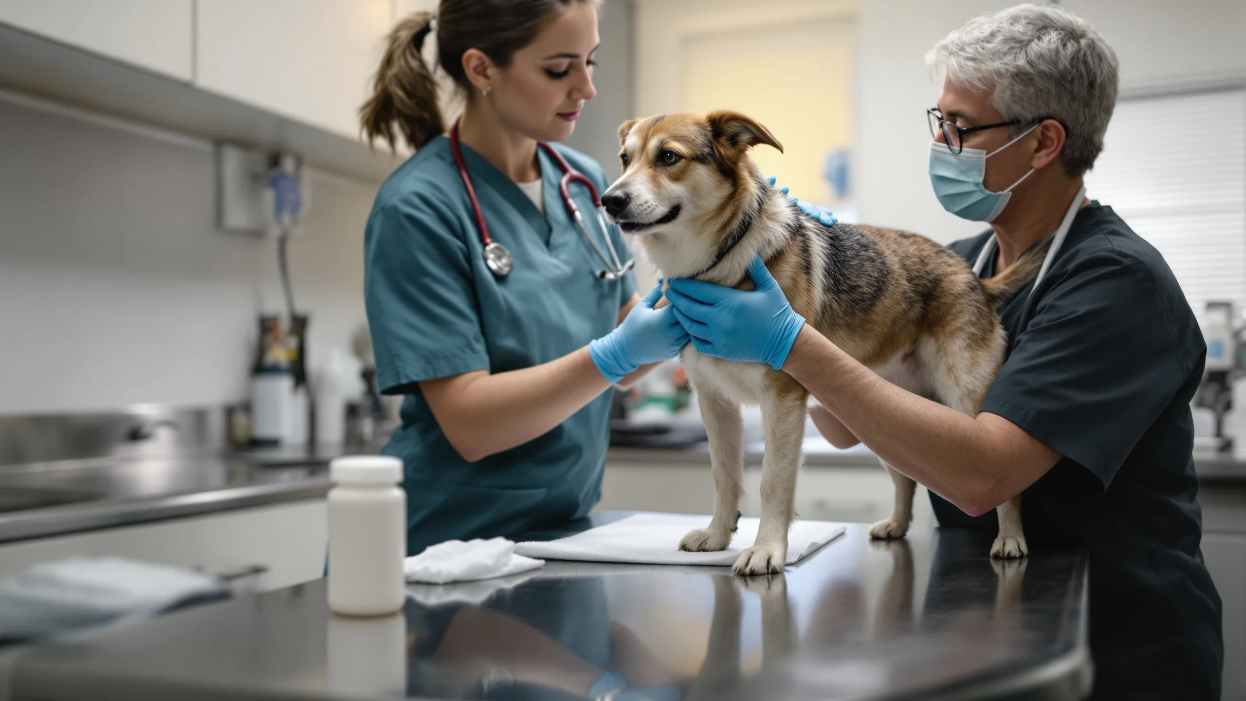 Veterinarian examining a dog for screwworm infection in a Texas clinic